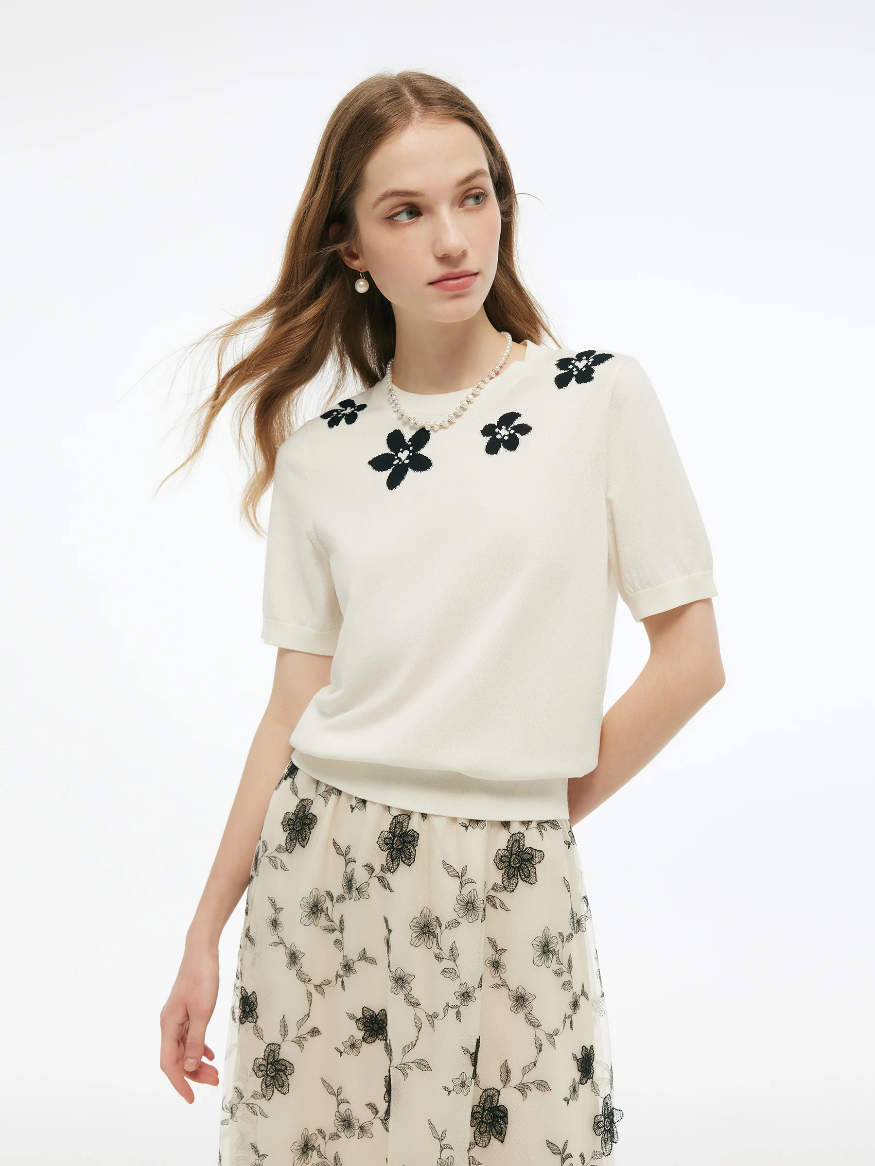 Tencel Blend Floral Jacquard Women Knit Top