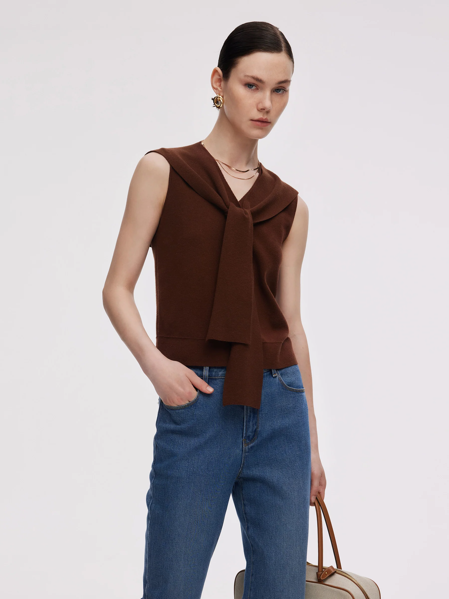 Tencel Blend Knit Vest And Shawl Two-Piece Set - Image 4