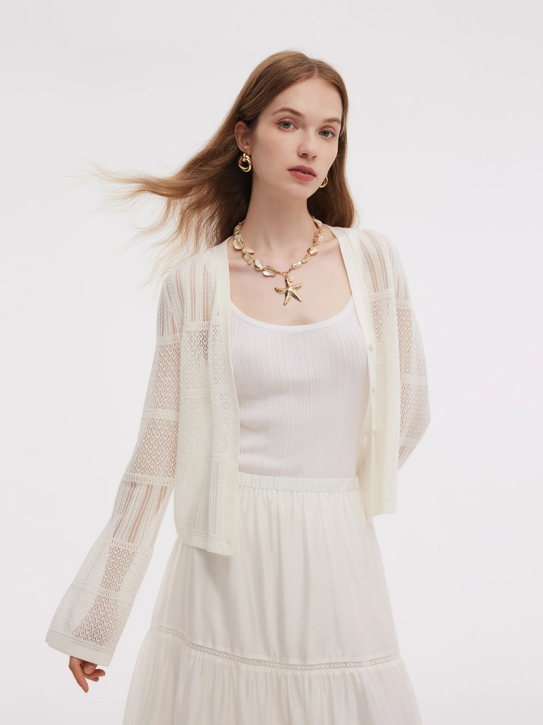 Tencel Blend Openwork Women Flared Sleeve Cardigan - Image 13