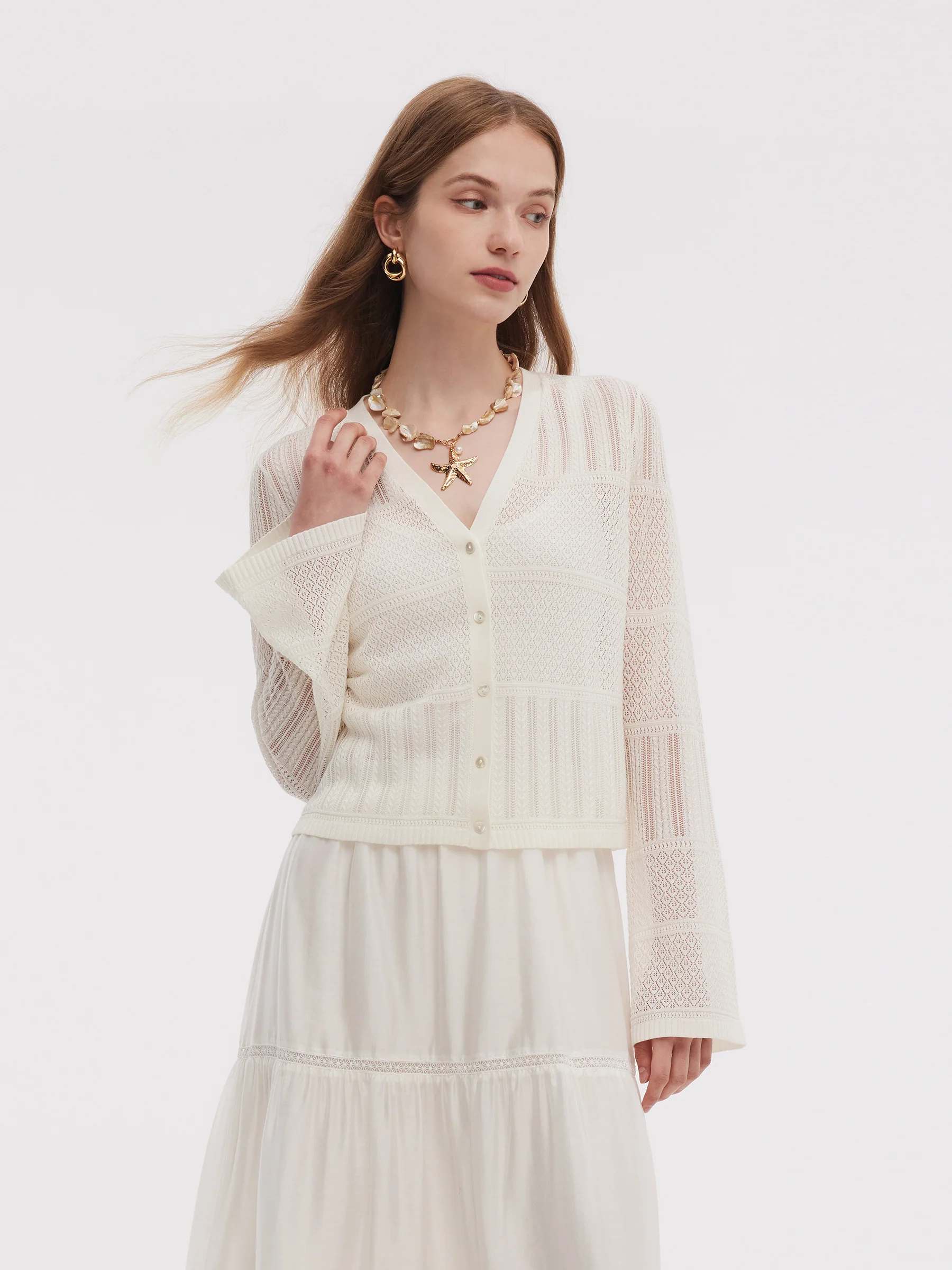 Tencel Blend Openwork Women Flared Sleeve Cardigan - Image 14