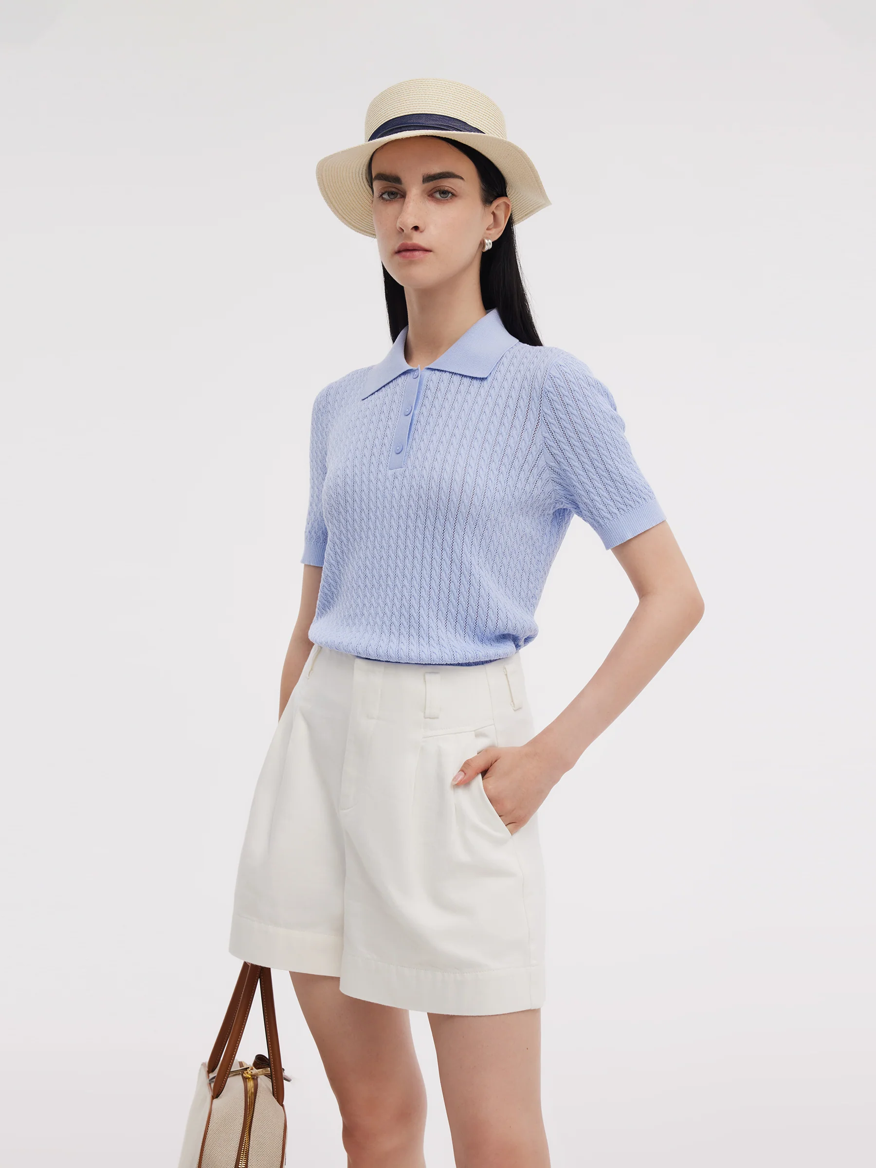 Tencel Blend Openwork Women Knit Polo Top - Image 6
