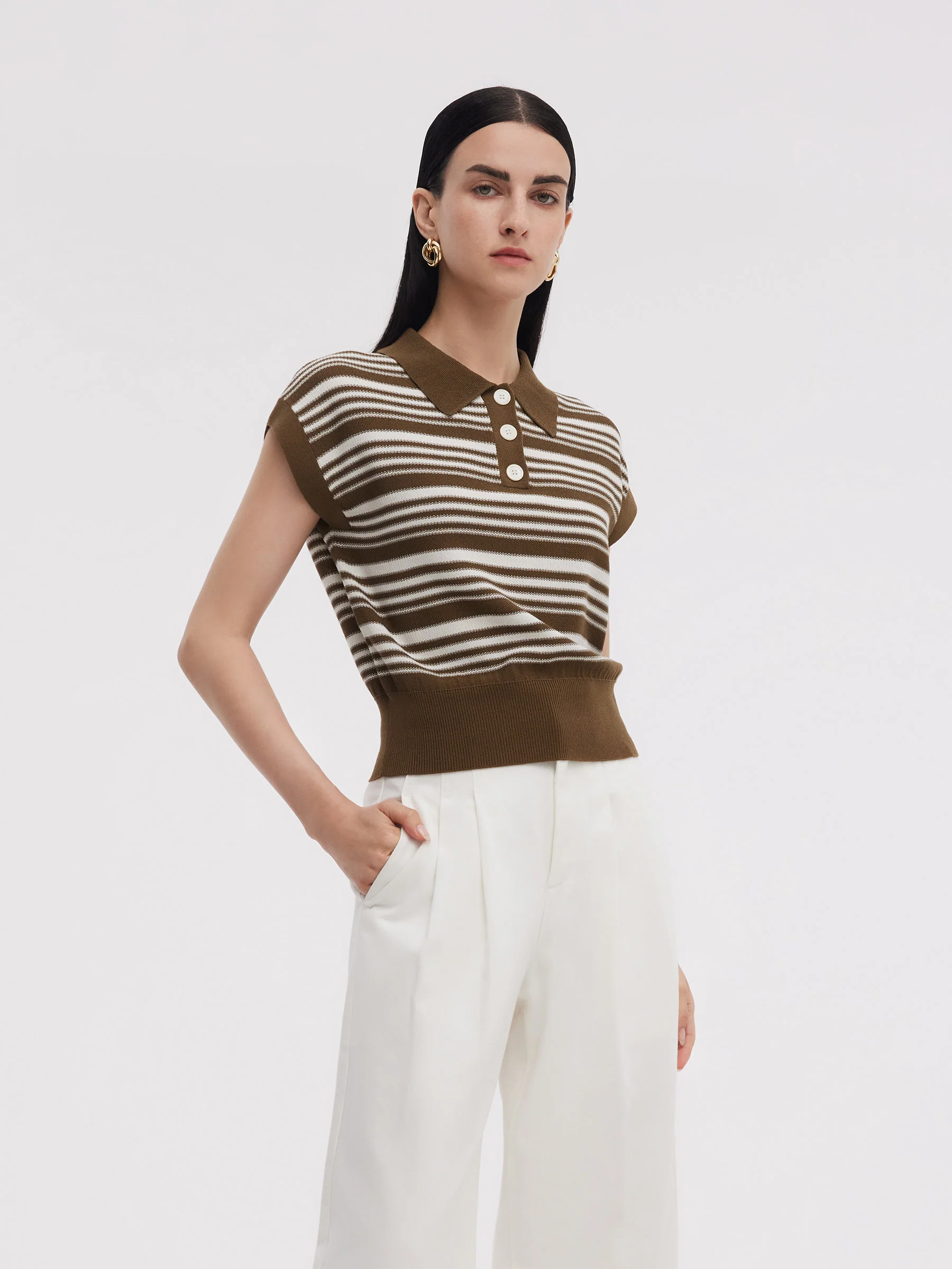 Tencel Blend Polo Collar Stripe Women Cap Sleeve Knit Tank Top - Image 5