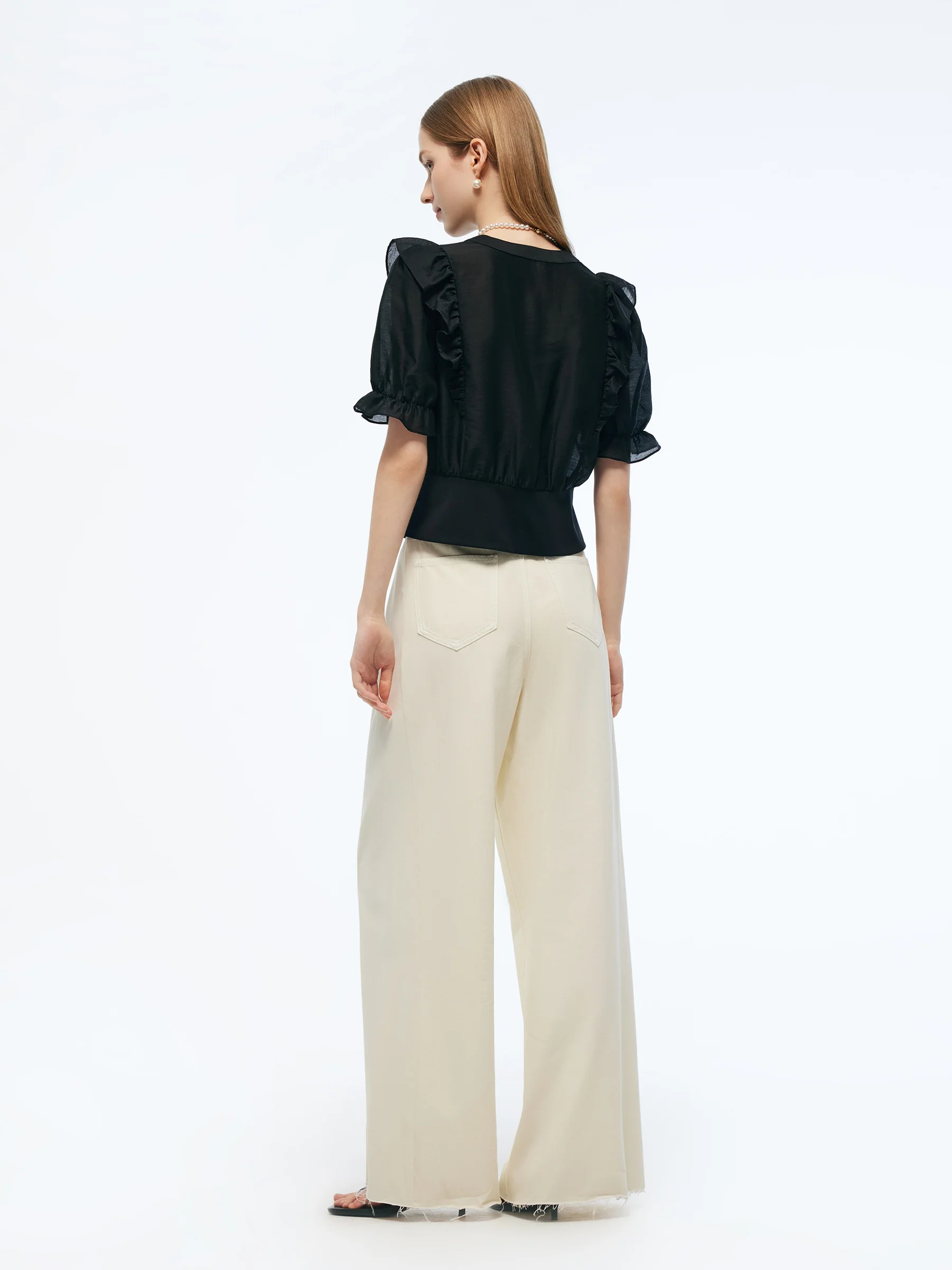 Tencel Blend Puff Sleeve Women Ruffe Patchwork Top - Image 4