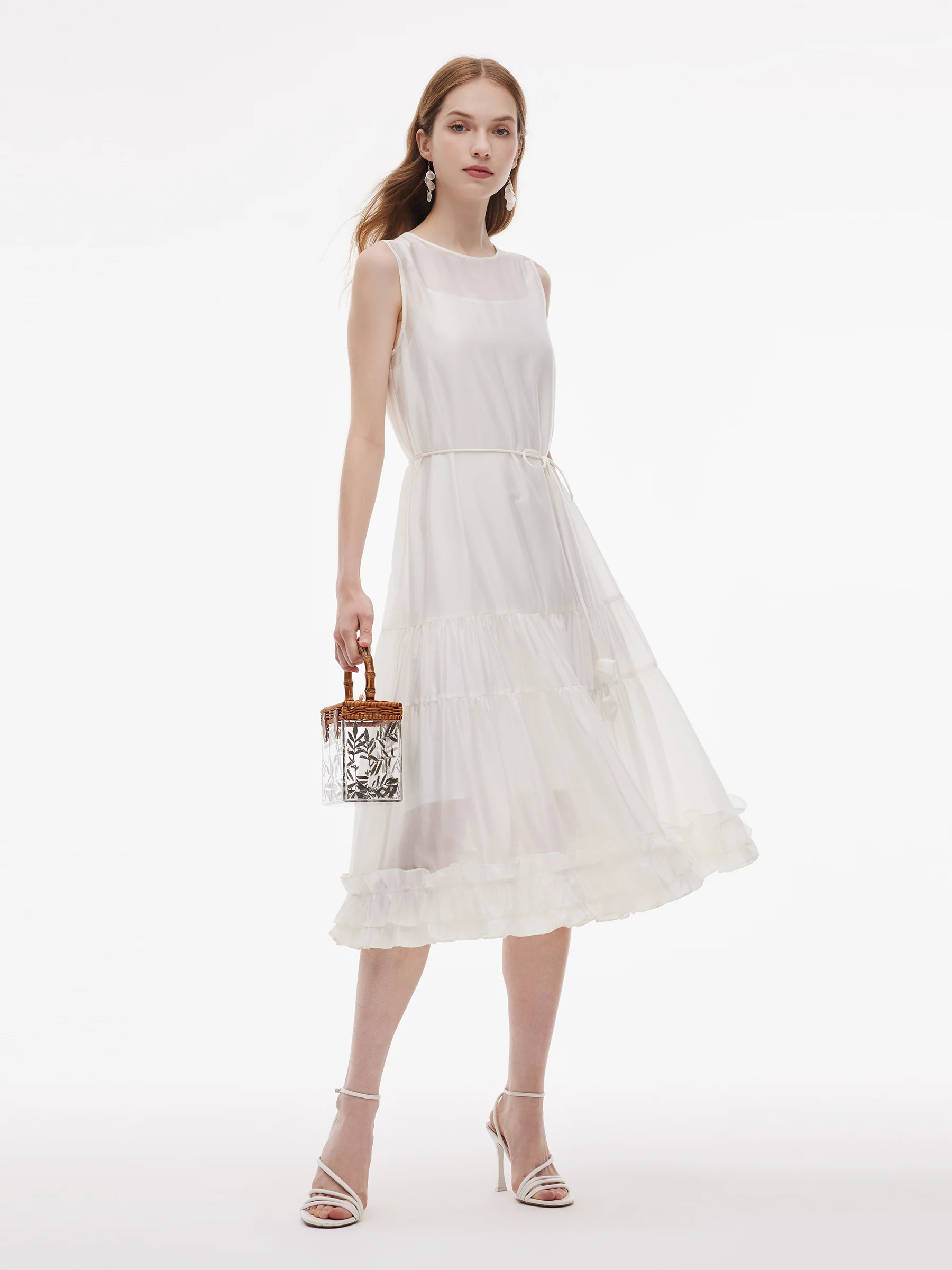 Tencel Blend Ruffle Hem Women Sleeveless Maxi Dress With Slip Dress And Tie String Belt - Image 5