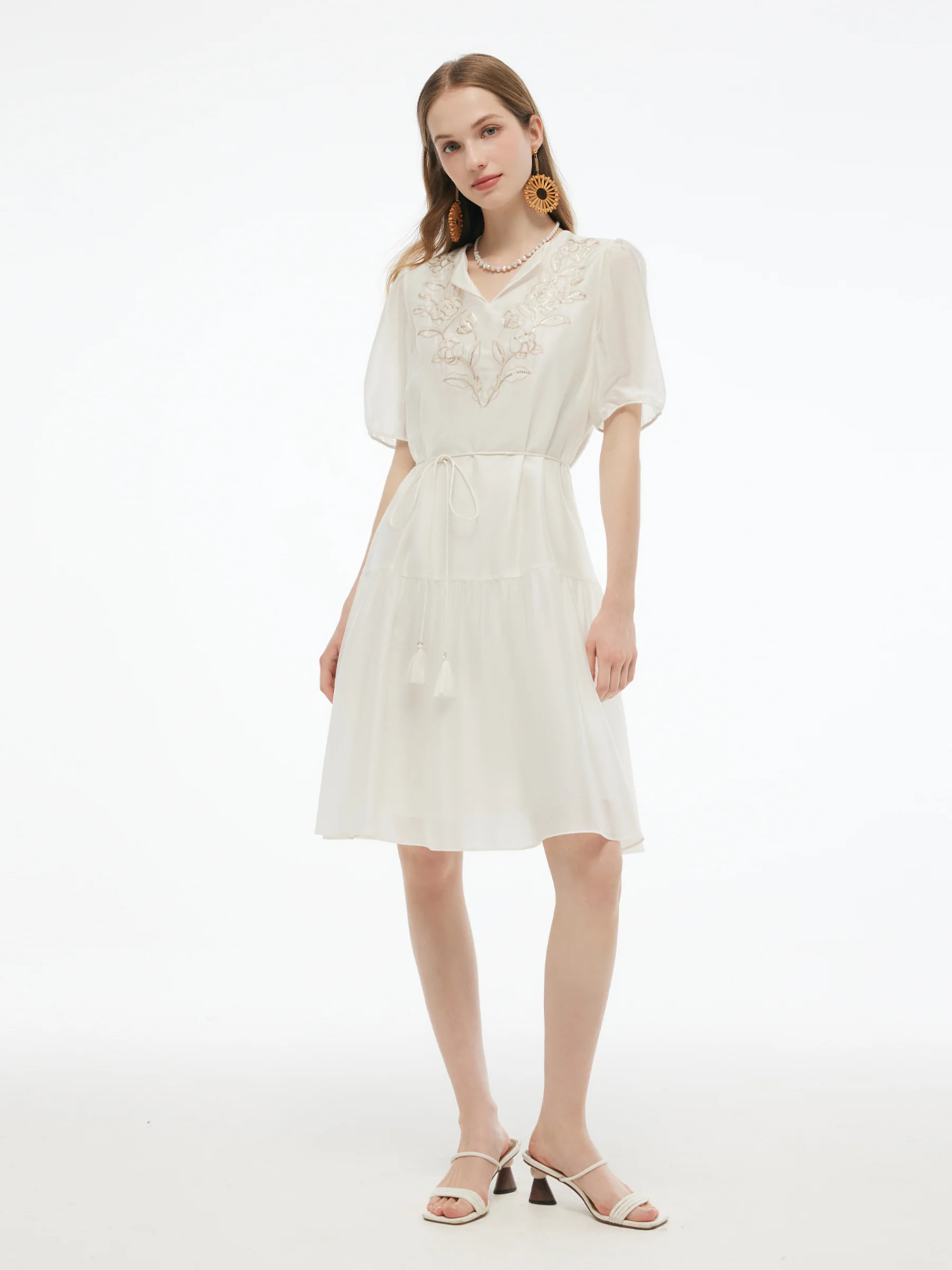 Tencel Blend Sequins Embroidered Women Midi Dress With Tie String Belt - Image 3