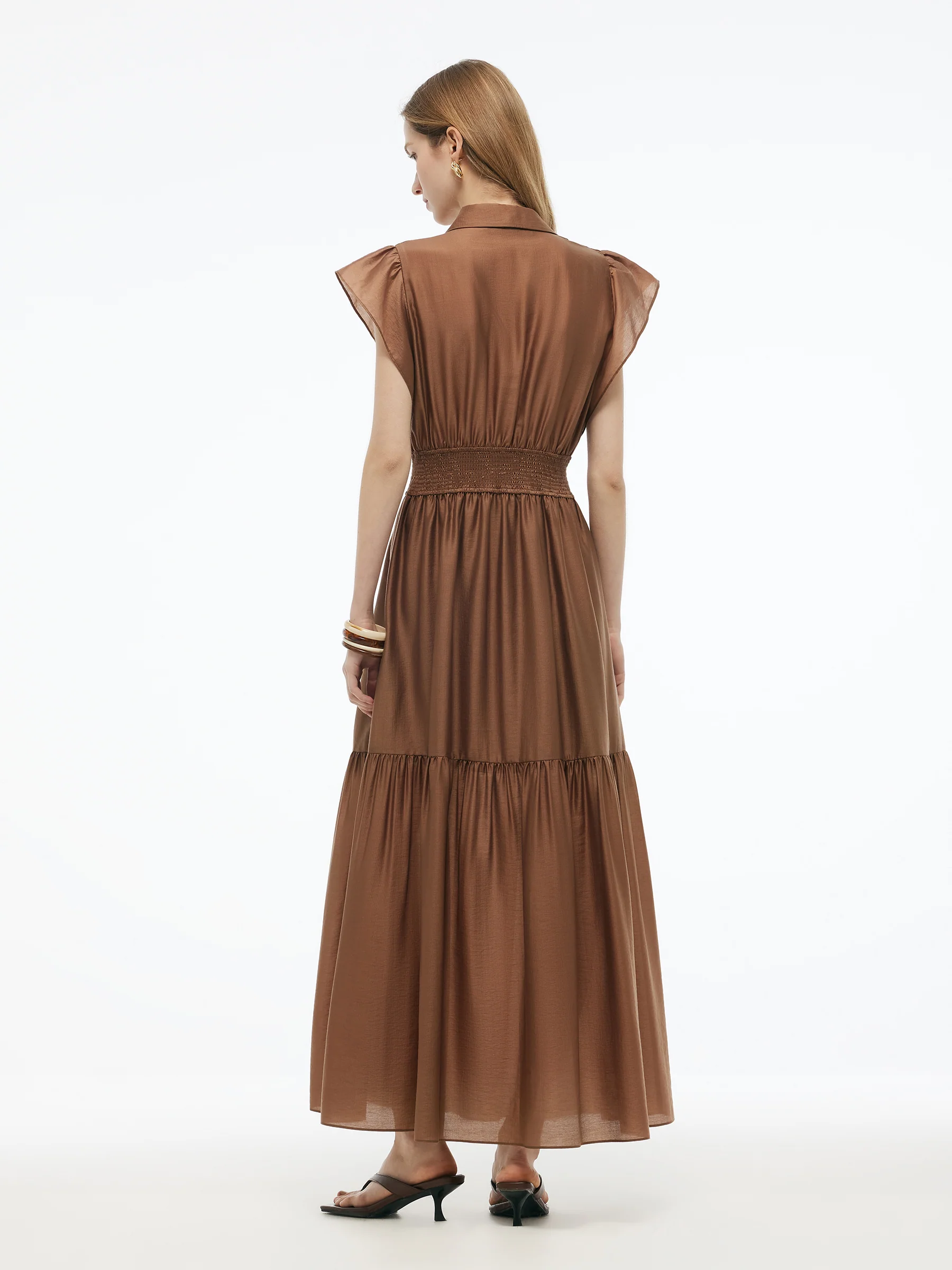 Tencel Blend Women Ruffle Cap Sleeve Maxi Dress With Sash - Image 7