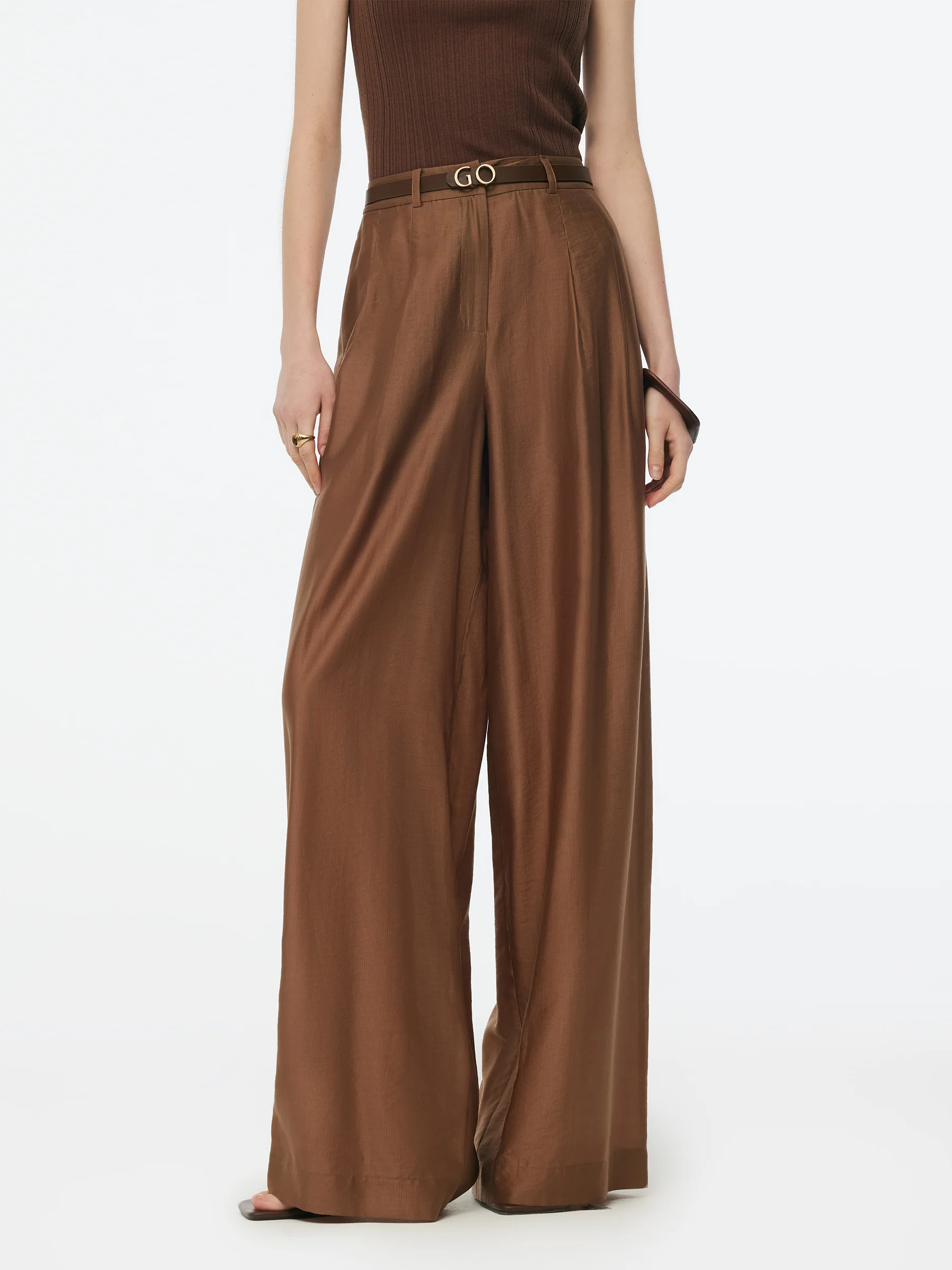 Tencel Blend Women Wide Leg Pants With GO Letter Leather Belt