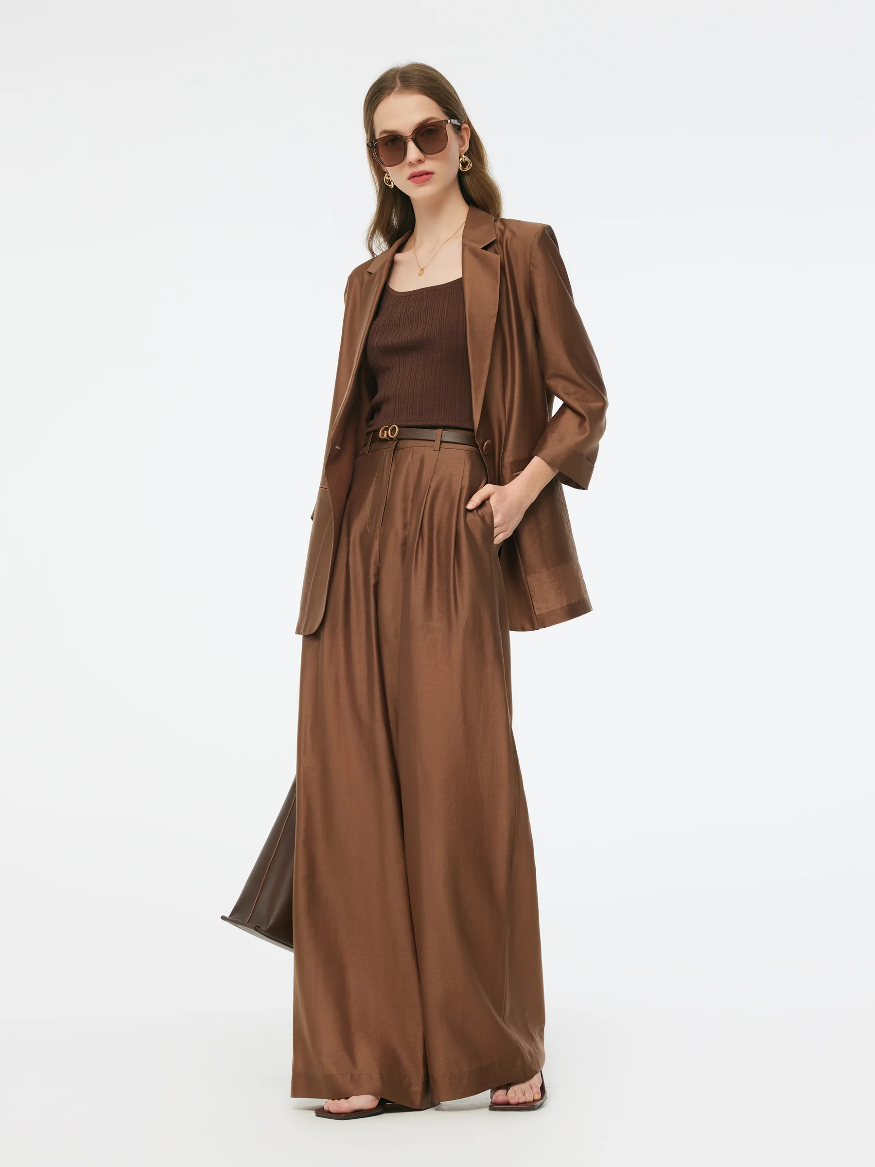 Tencel Blend Women Wide Leg Pants With GO Letter Leather Belt - Image 4