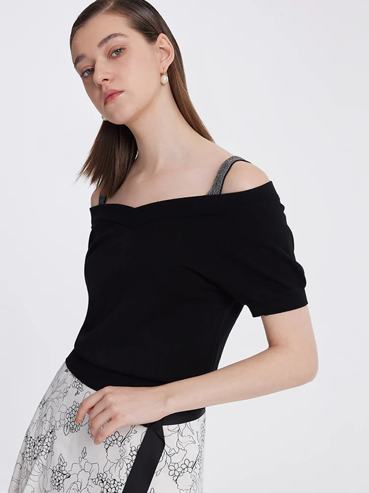 Tencel Cold Shoulder Gathered Waist Women Knit Top - Image 5