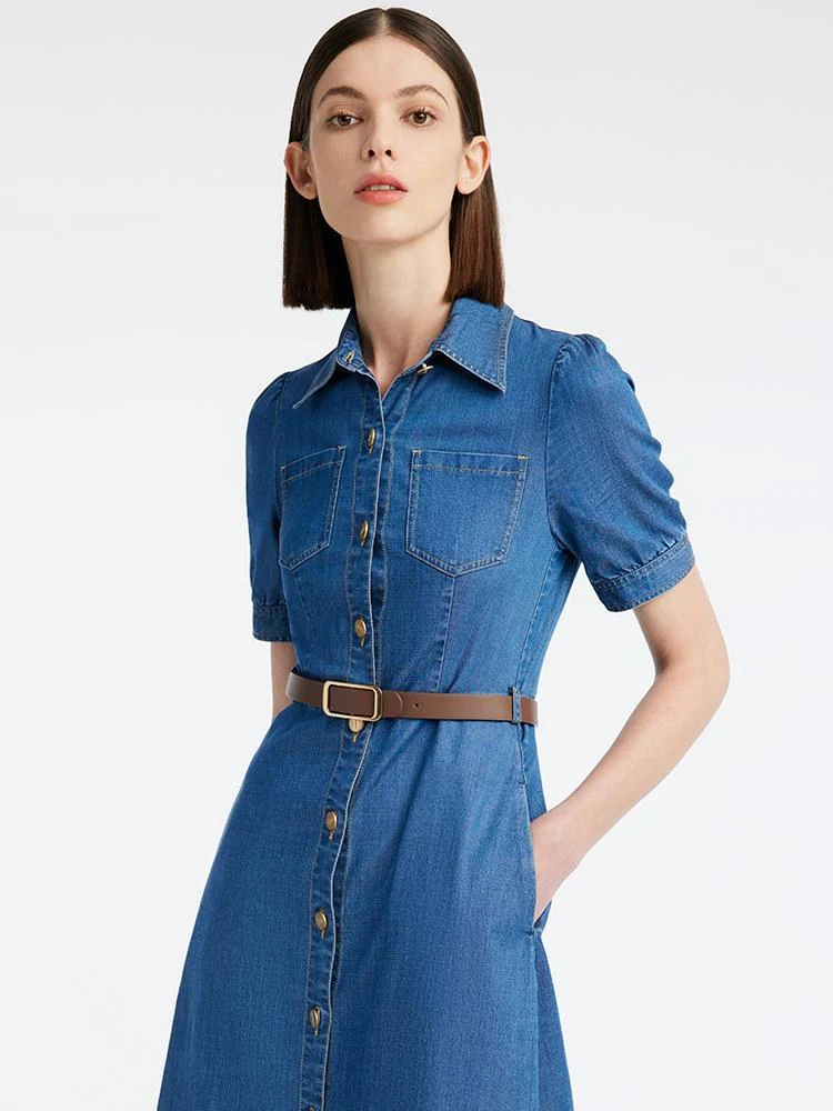 Tencel Denim Shirt Midi Collared Dress With Belt - Image 10