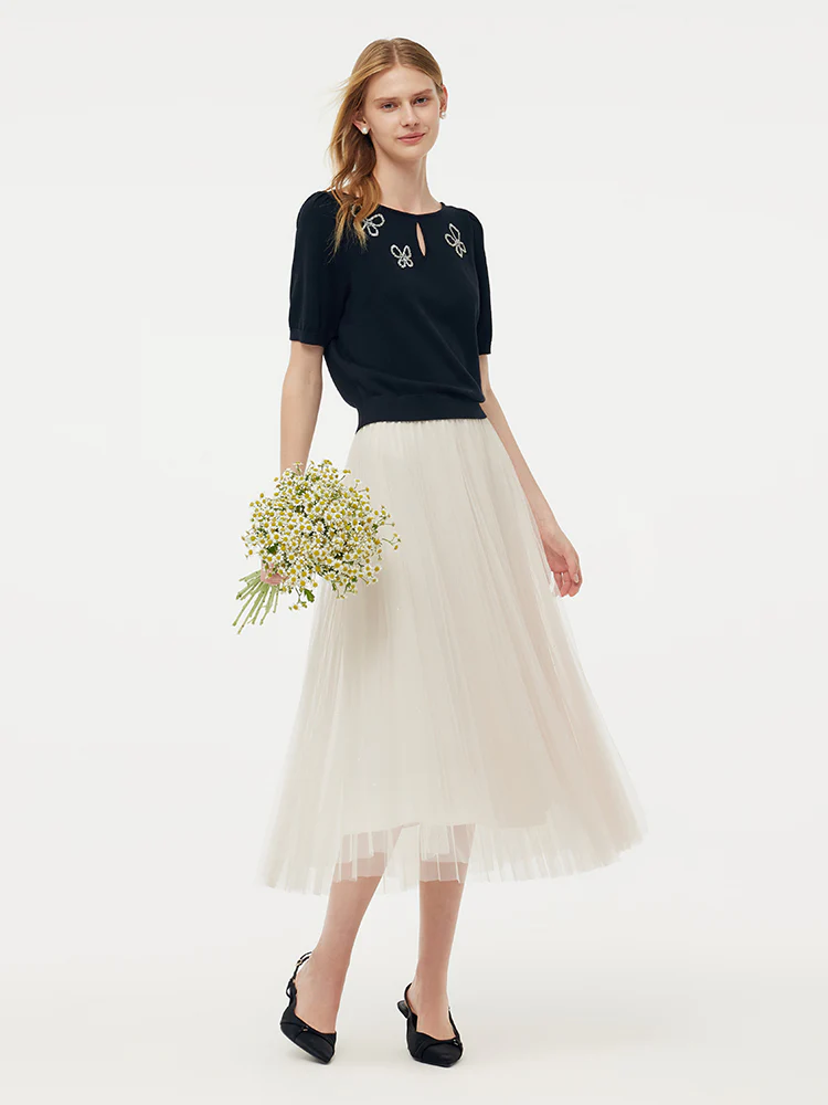 Tencel Knit Top And A-Line Mesh Skirt Two-Piece Set - Image 2