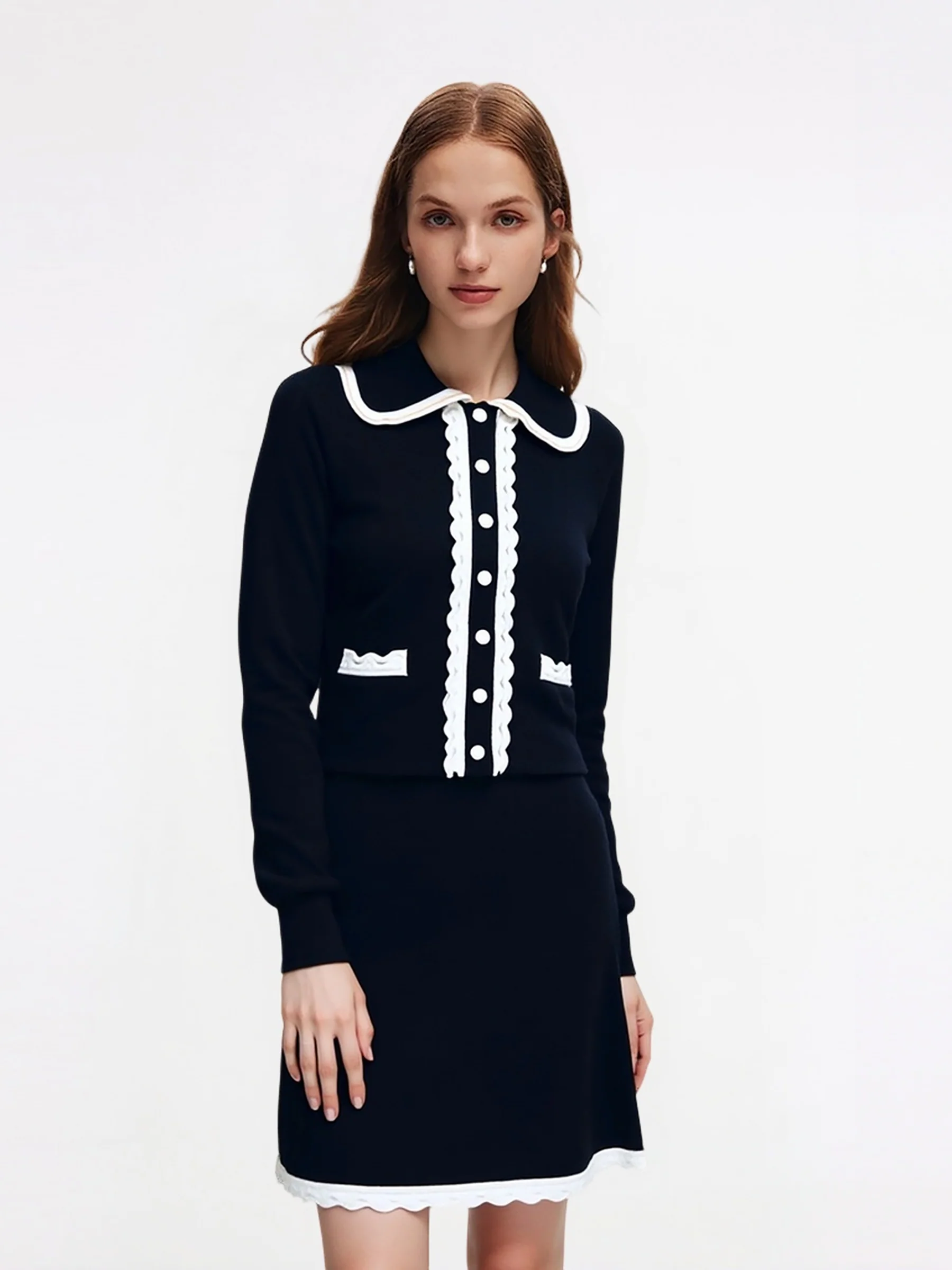 Tencel Wool Blend Contrast Trim Cardigan And Knit Skirt Two-Piece Set