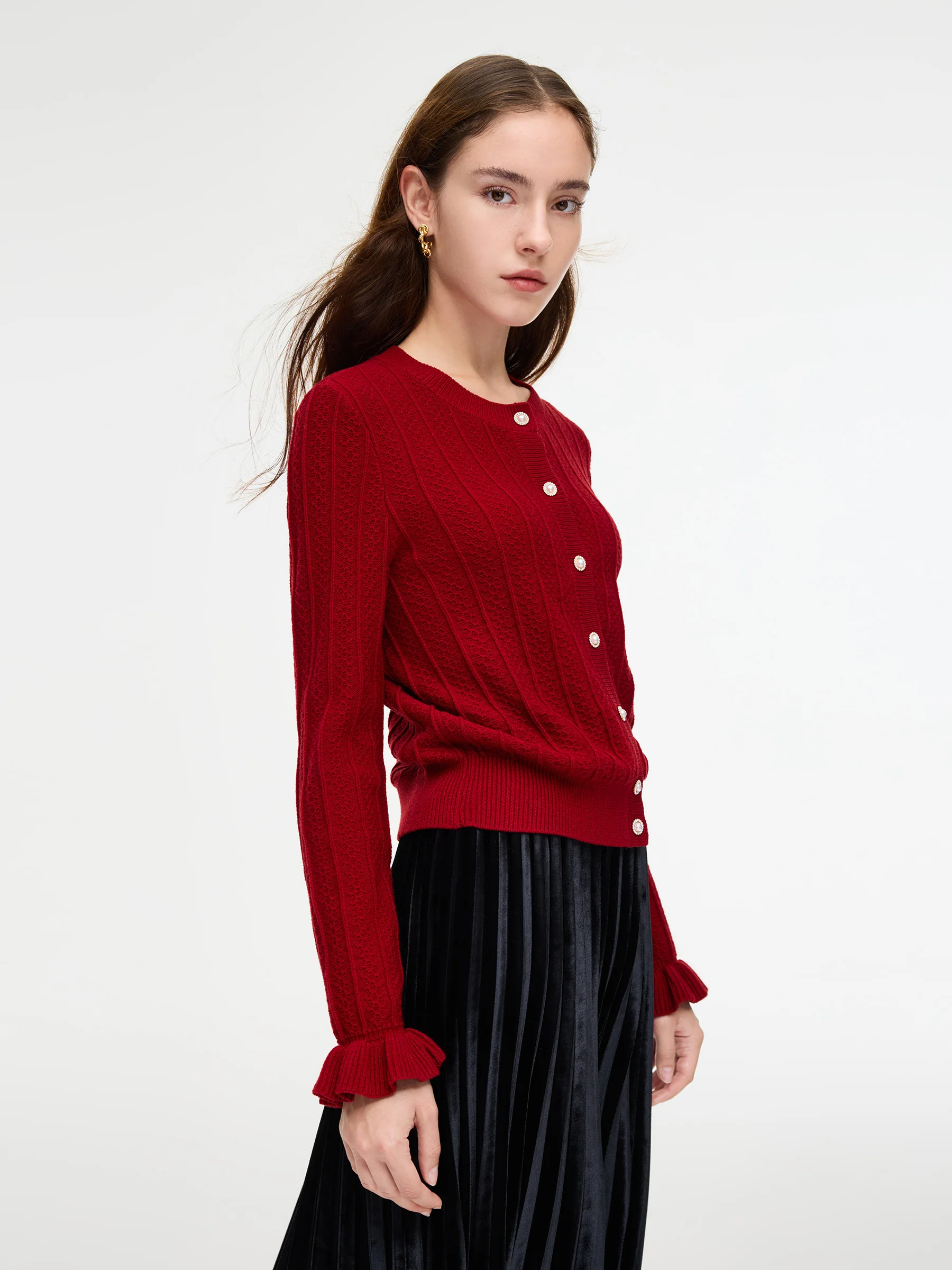 Tencel Wool Blend Ruffle Cuff Women Cardigan - Image 5
