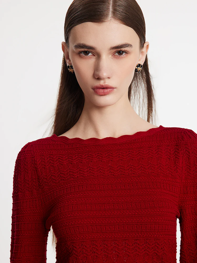 Tencel Wool Blend Wave Cut Collar Women Sweater - Image 5