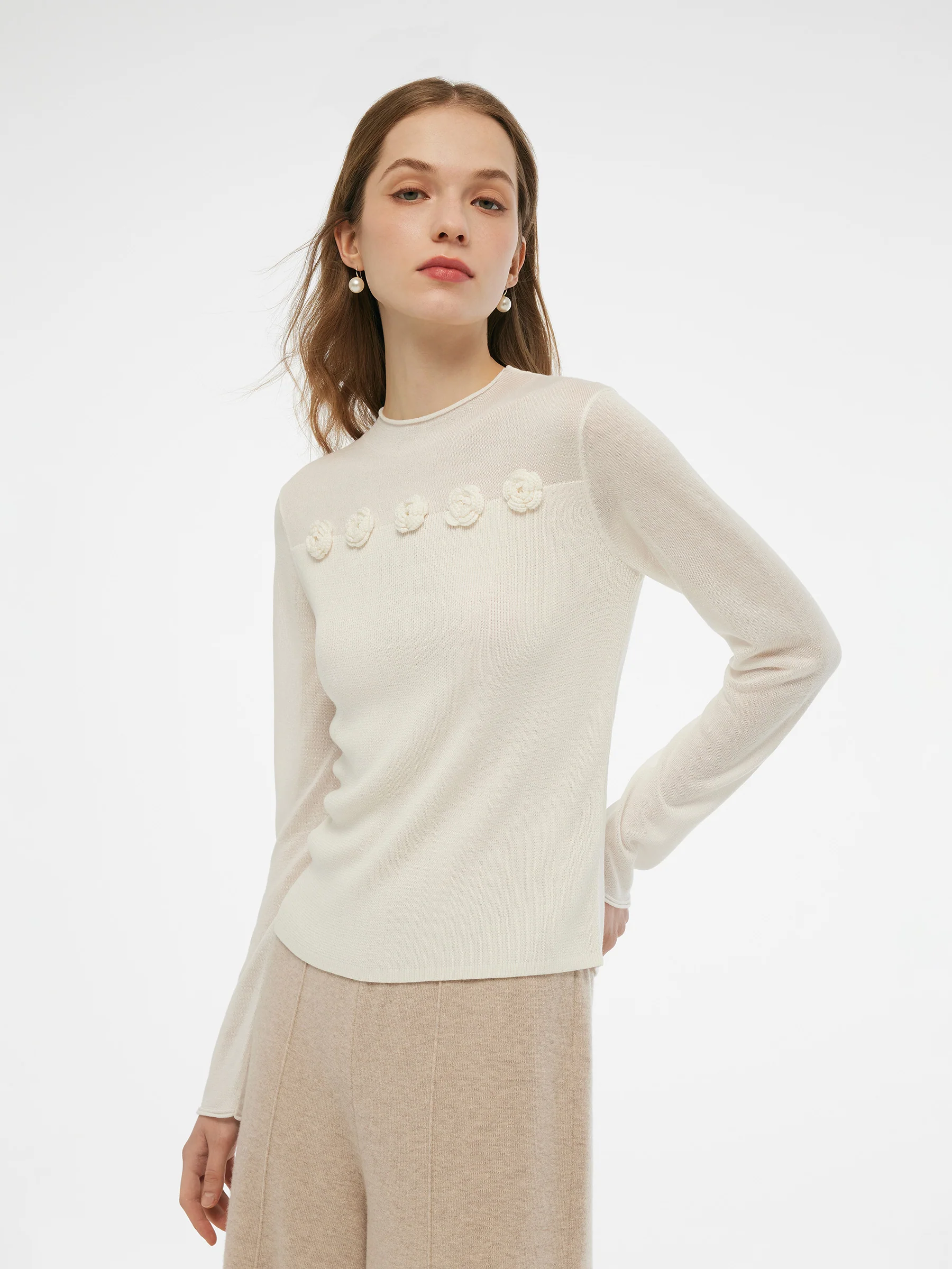 Tencel Wool Blend Women Flower Knit Top - Image 5
