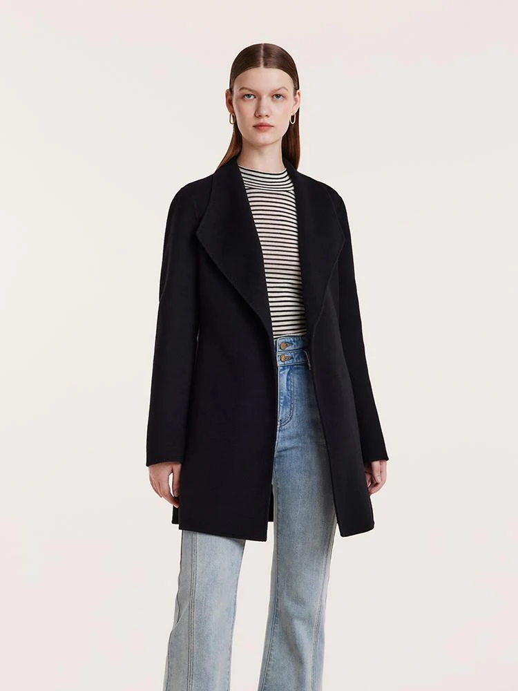 Tencel Wool Notched Lapel Mid-Length Coat With Belt - Image 3