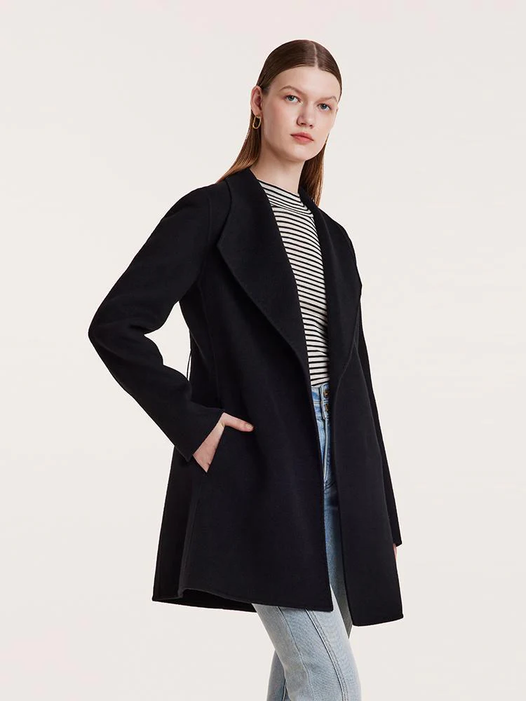 Tencel Wool Notched Lapel Mid-Length Coat With Belt - Image 4