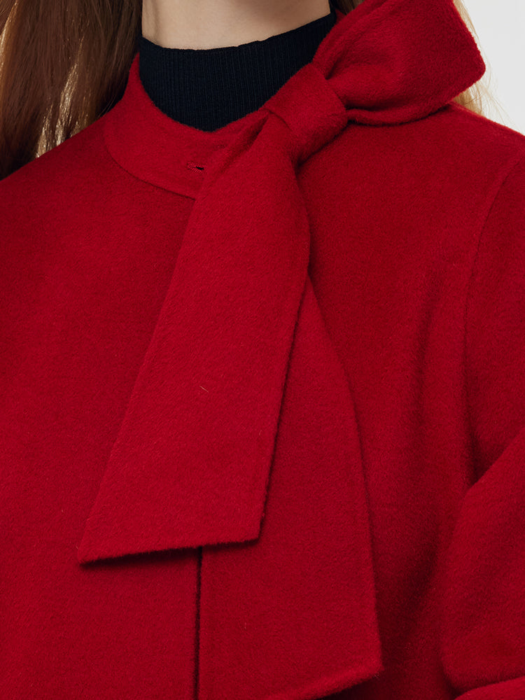 Tencel Wool Women Coat With Detachable Bowknot - Image 2