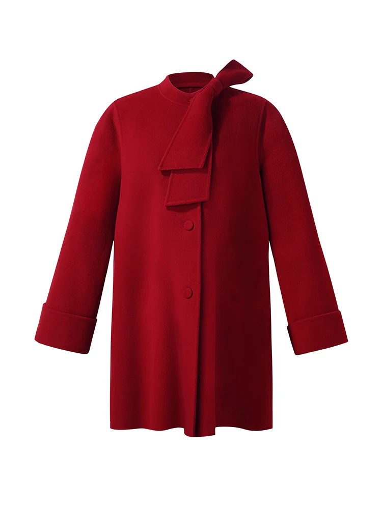 Tencel Wool Women Coat With Detachable Bowknot - Image 7