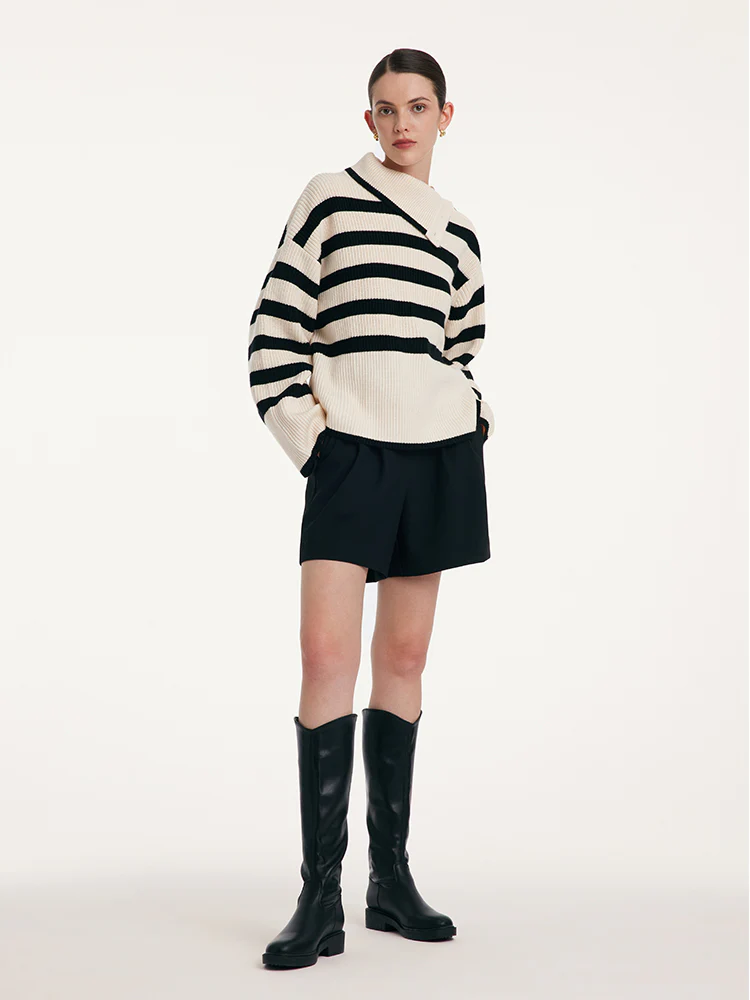 Thermostatic Wool Loose Striped Button-Shoulder Sweater - Image 2