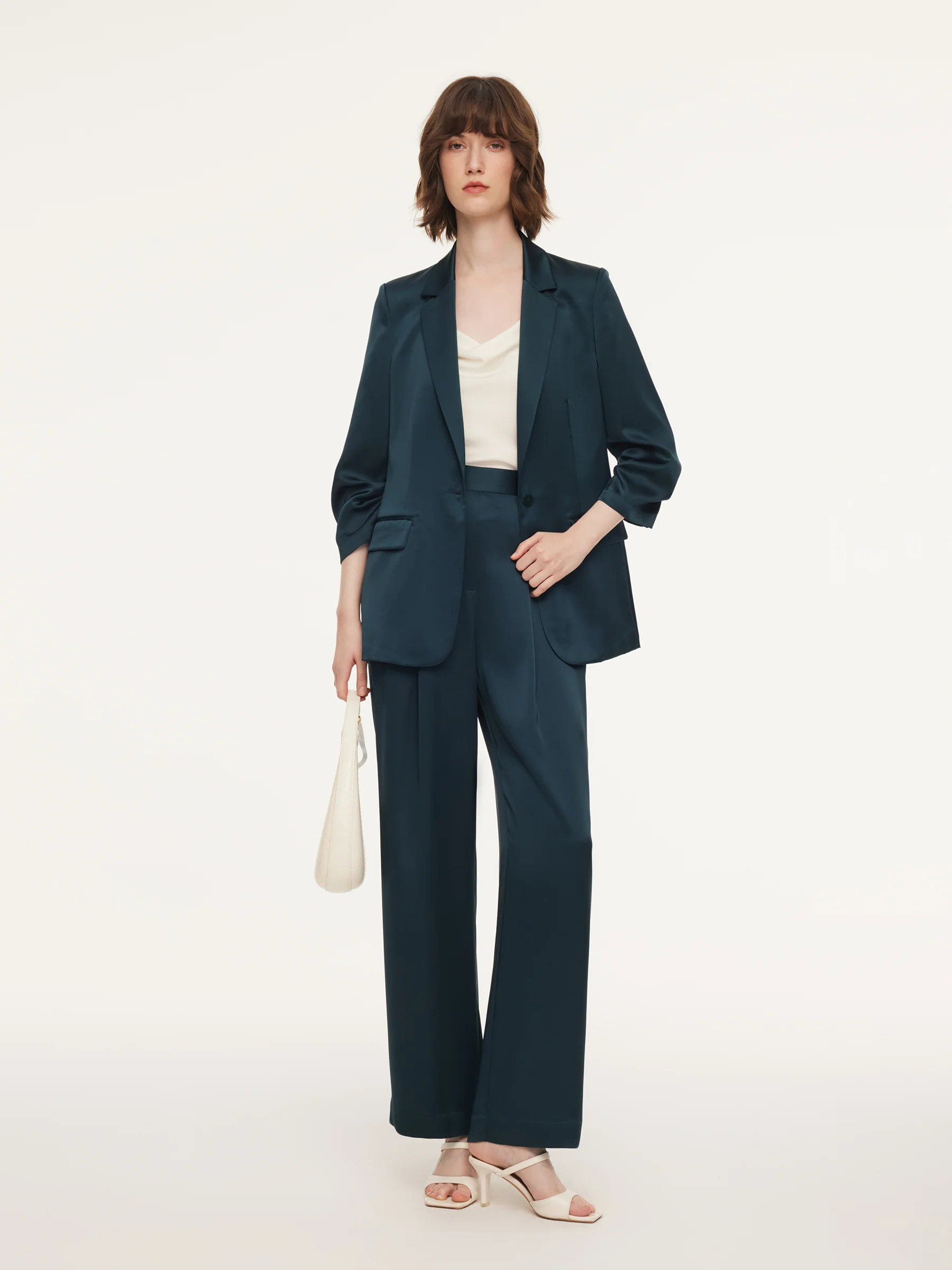 Triacetate Blend Ruched Sleeve Women Blazer - Image 3