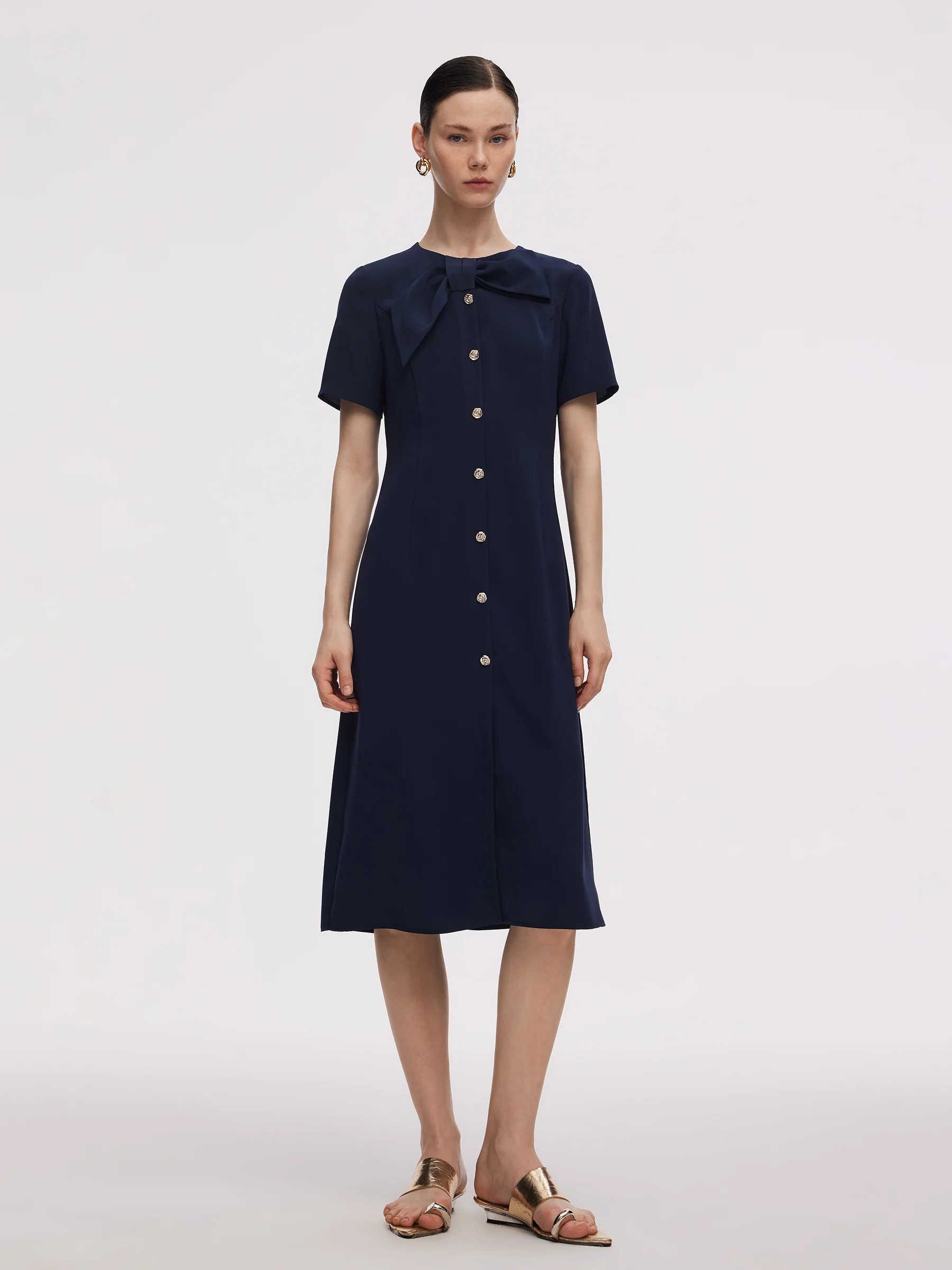 Triacetate Bowknot Women Gathered Waist Midi Dress