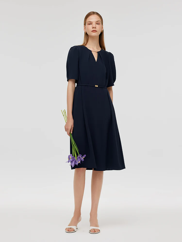 Triacetate Cut-Out Neck Women Midi Dress With Belt - Image 3