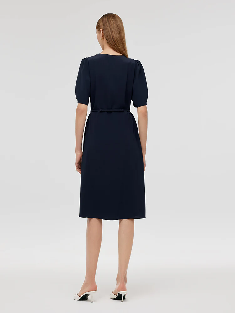 Triacetate Cut-Out Neck Women Midi Dress With Belt - Image 4