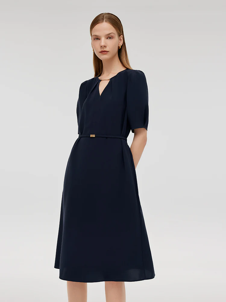 Triacetate Cut-Out Neck Women Midi Dress With Belt - Image 5