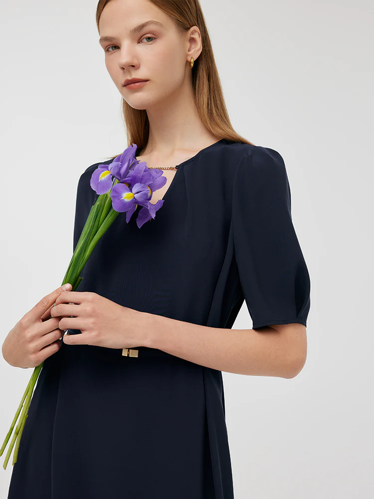 Triacetate Cut-Out Neck Women Midi Dress With Belt - Image 7