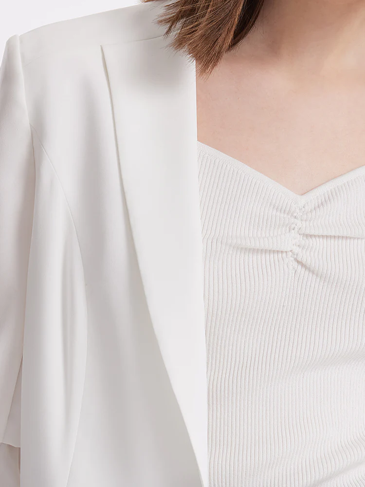 Triacetate Gathered Waist Ruched Sleeves Women Blazer - Image 15