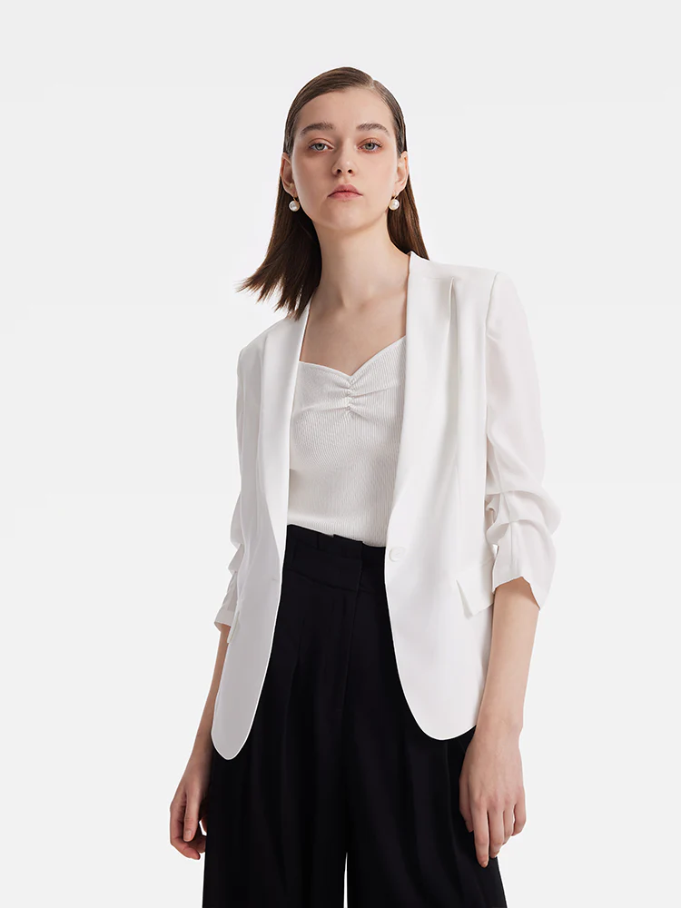 Triacetate Gathered Waist Ruched Sleeves Women Blazer - Image 8