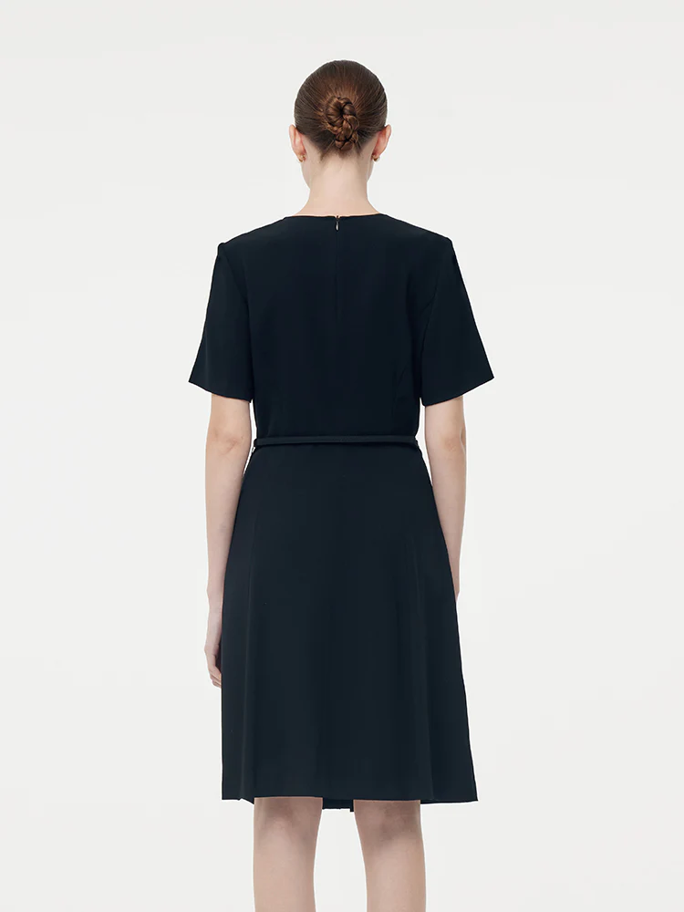 Triacetate Pleat Front Women Midi Dress With Belt And Scrunchie - Image 3