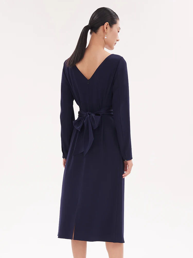 Triacetate Slim Midi Dress With Brooch - Image 3