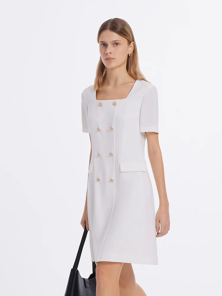 Triacetate Square Neck Double-Breasted Women Mini Dress - Image 4