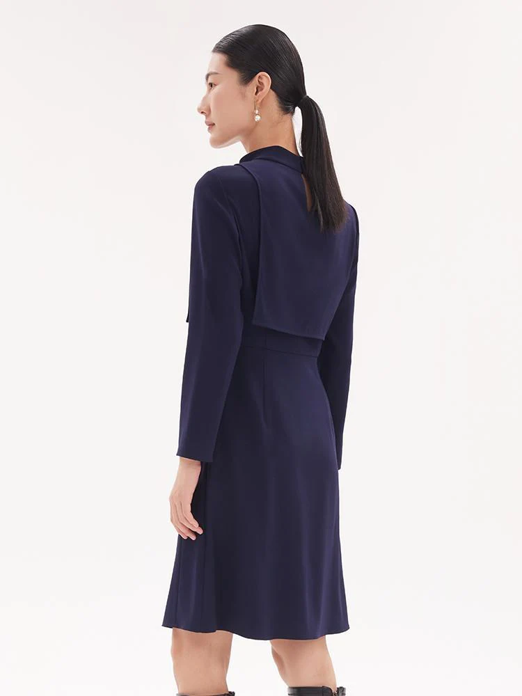 Triacetate Stand Collar Gathered Waist Midi Dress - Image 3