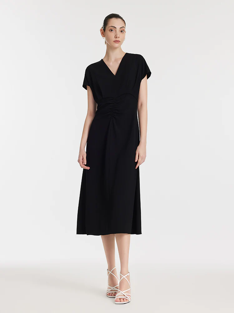 Triacetate V-Neck Ruched Women Midi Dress - Image 2