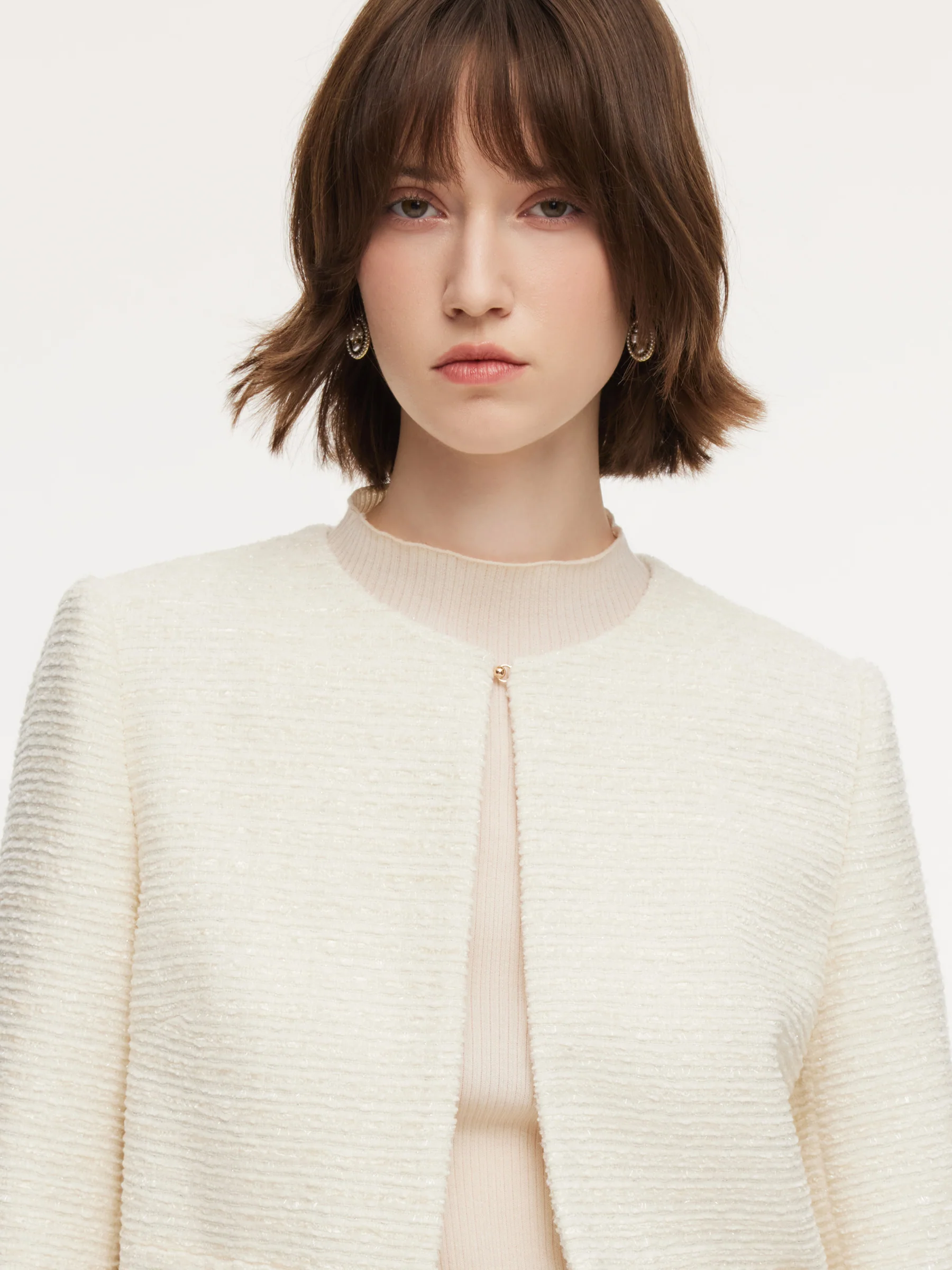 Tweed Round Neck Frayed Hem Women Cropped Jacket - Image 7