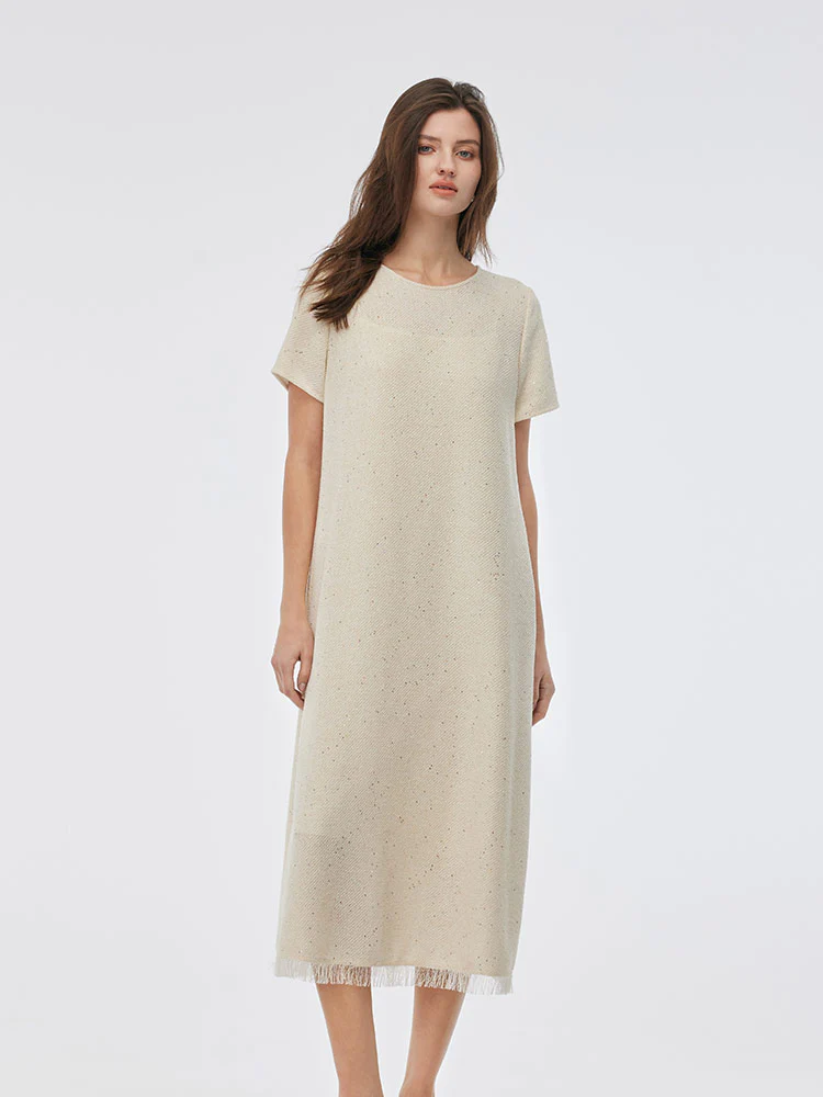 Tweed Sequins Fringed Edge Women Maxi Dress With Slip Dress