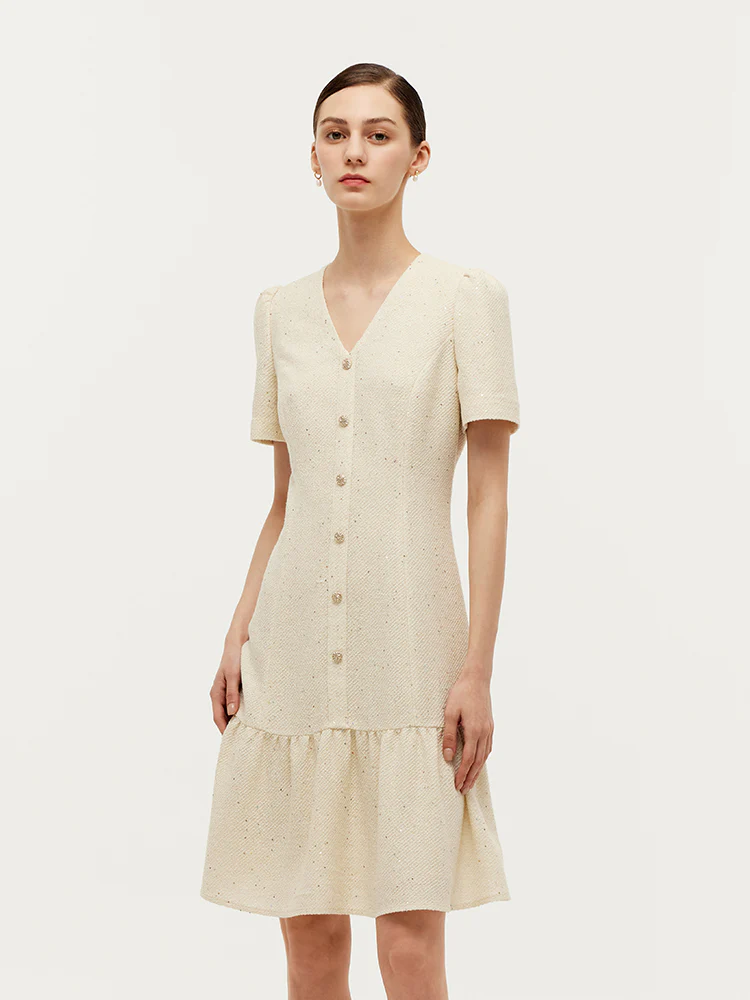 Tweed Sequins V-Neck Ruffle Hem Women Mini Dress - Image 6