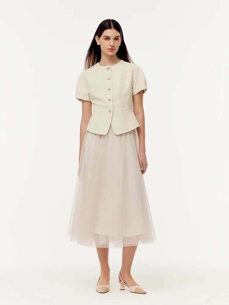 Tweed Sequins Short Sleeve Jacket And Mesh Skirt Two-Piece Set - Image 3
