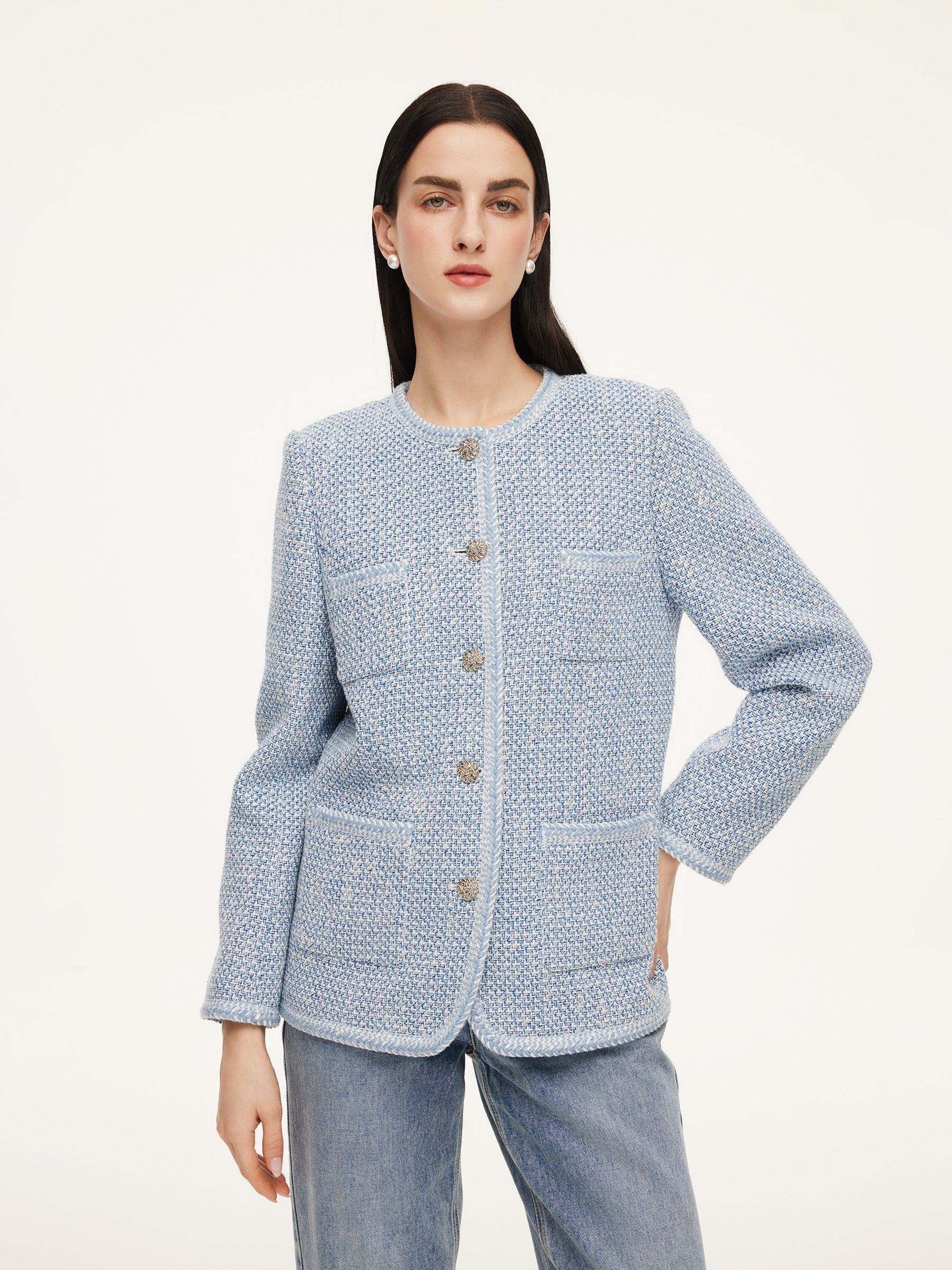 Pre-Order Tweed Single-Breasted Braided Trim Women Jacket - Image 4