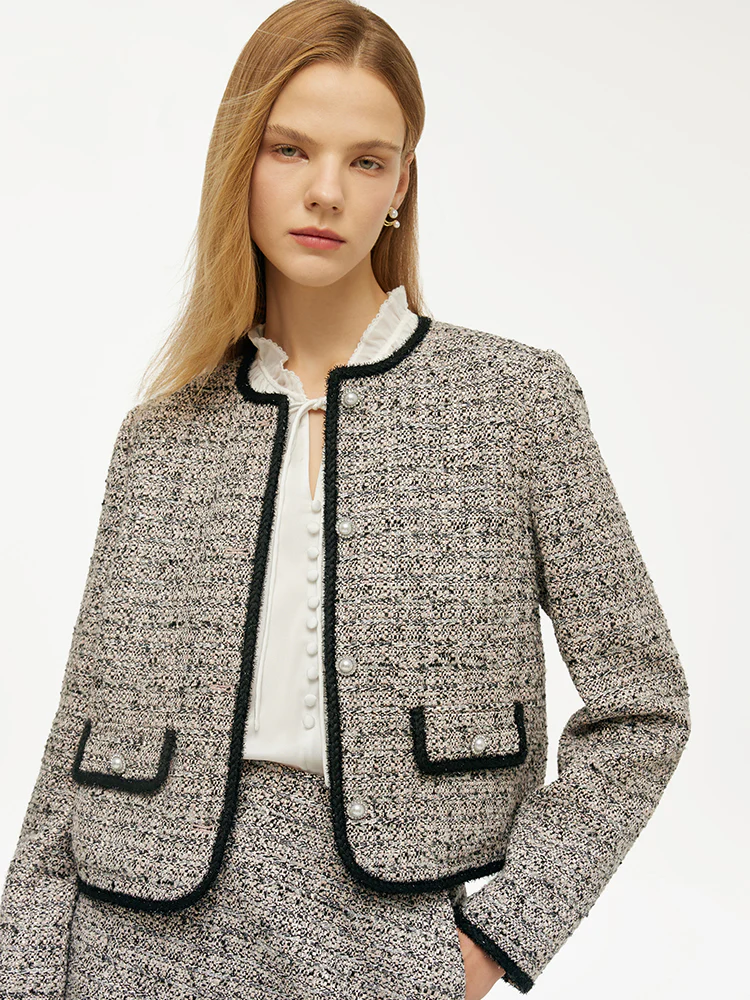Tweed Women Crop Jacket With Detachable Bowknot - Image 6