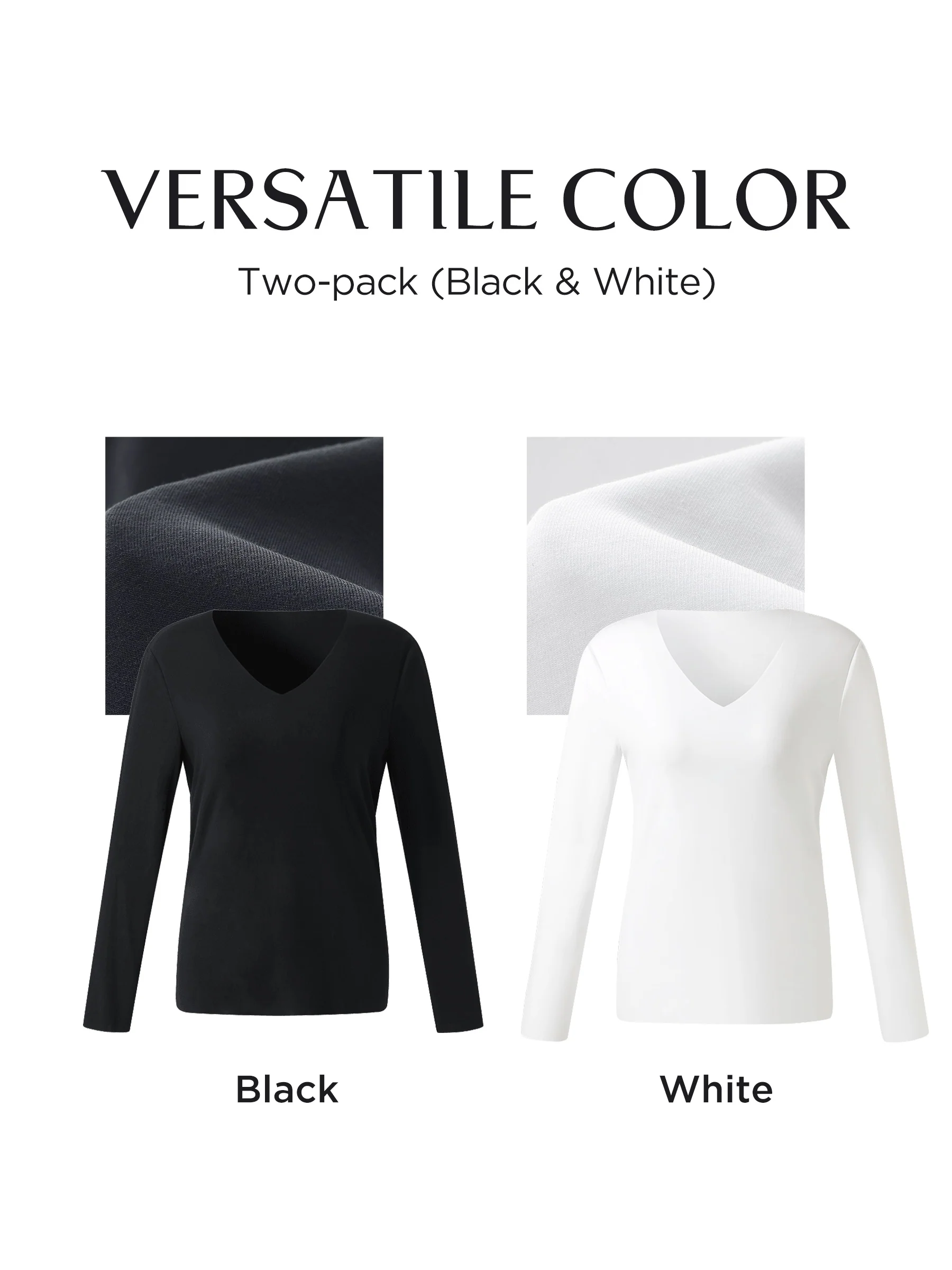 Two-pack (Black & White) Modal V-Neck Long Sleeve Top - Image 3