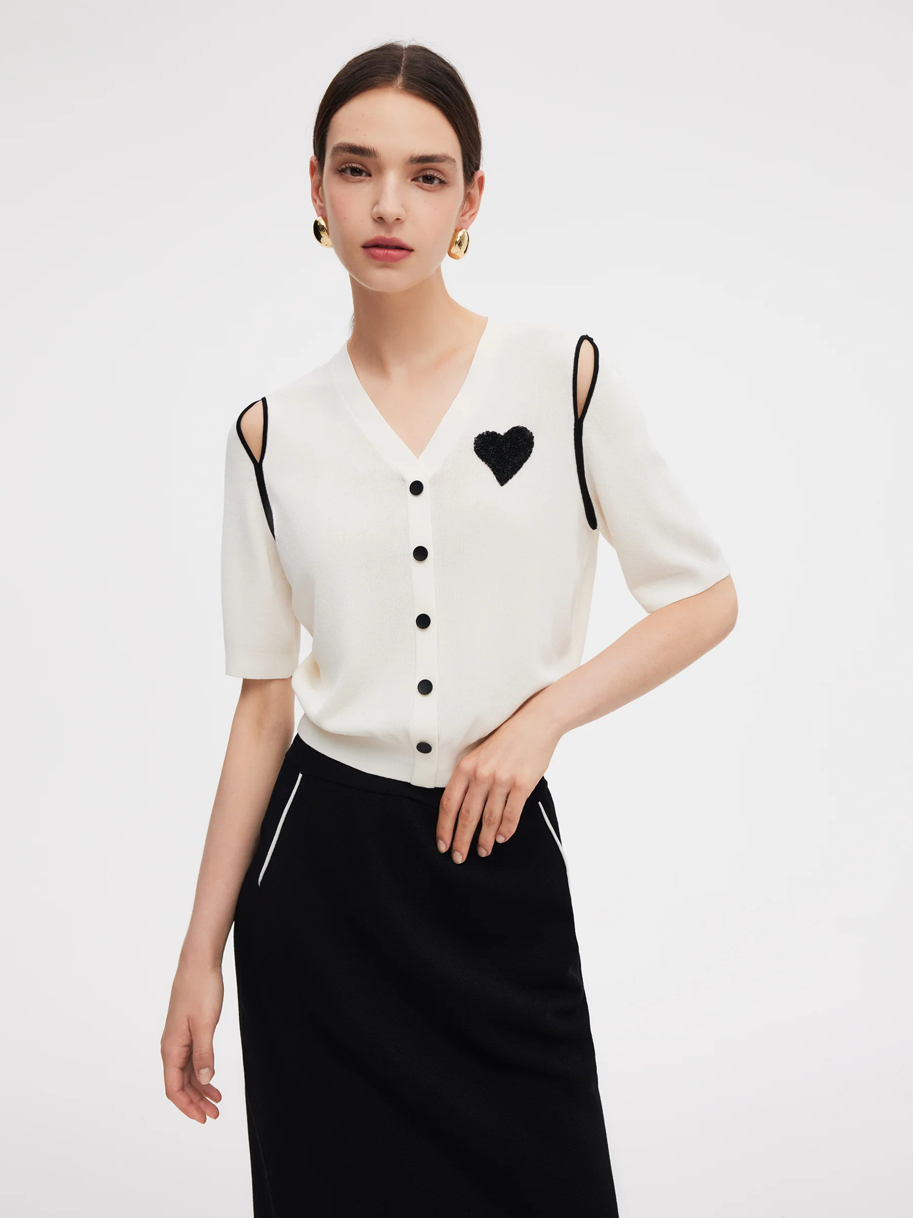 V-Neck Cut-Out Knitted Top And Half Skirt Two-Piece Set - Image 11