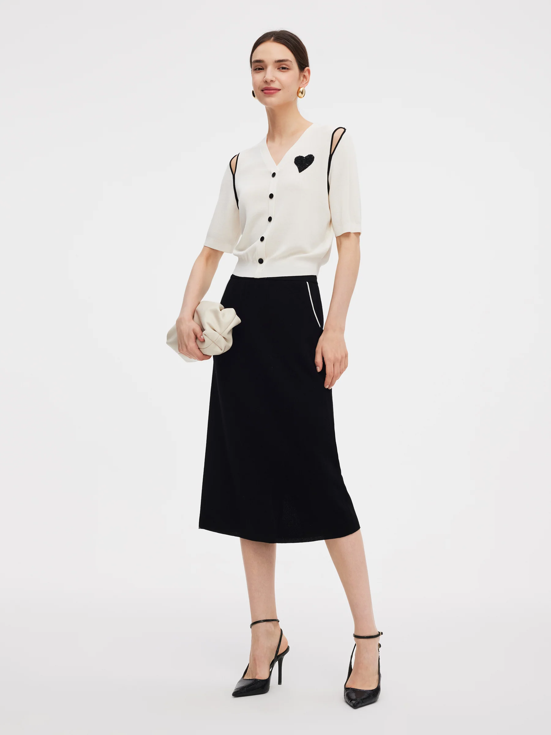 V-Neck Cut-Out Knitted Top And Half Skirt Two-Piece Set - Image 2