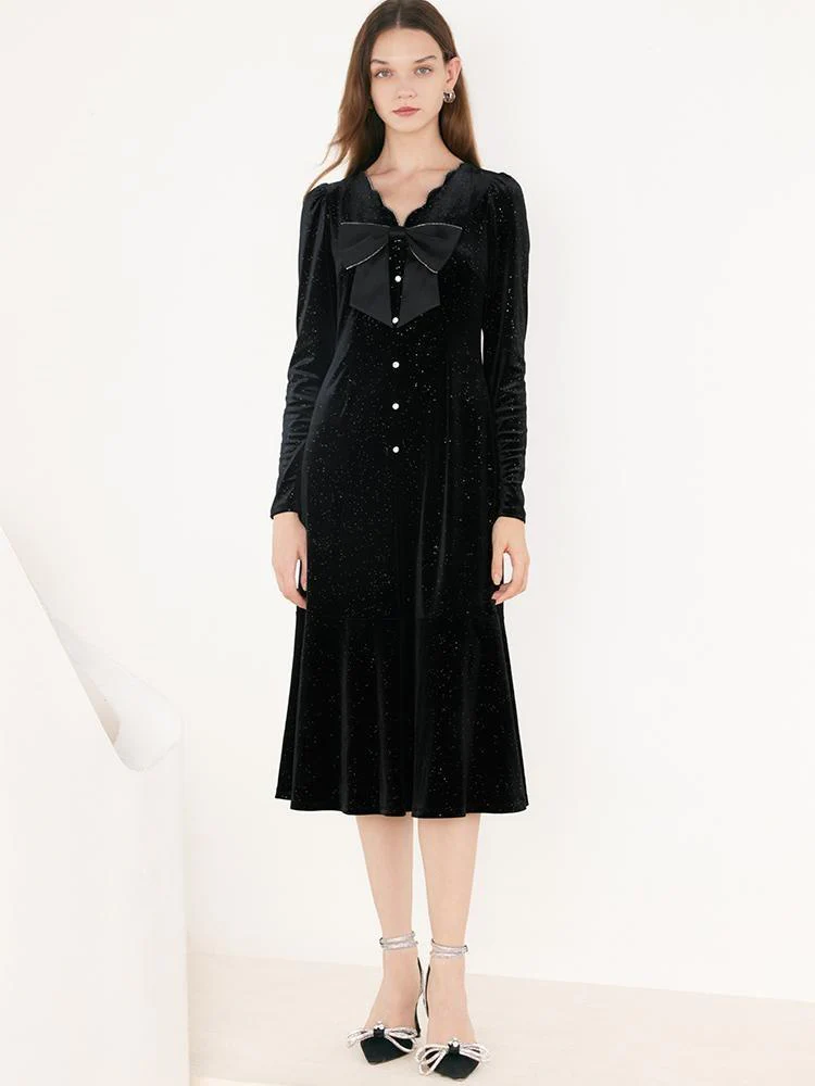 V-Neck Detachable Bowknot Velvet Midi Dress - Image 2