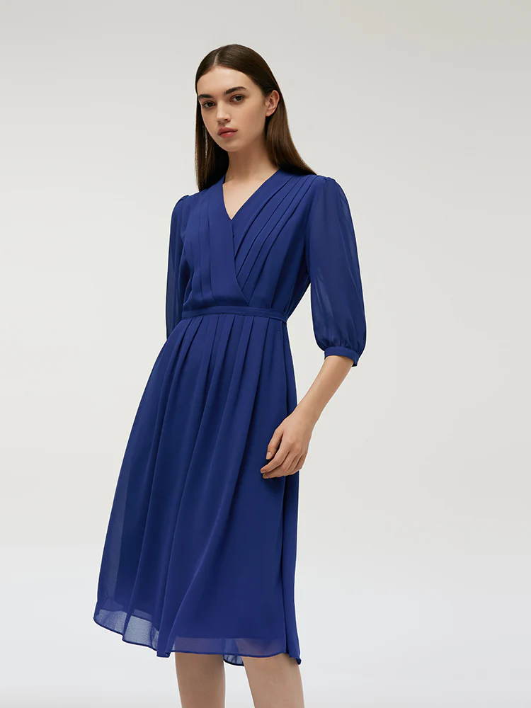 V-Neck Pleated Lace Up Wrap Midi Dress - Image 22