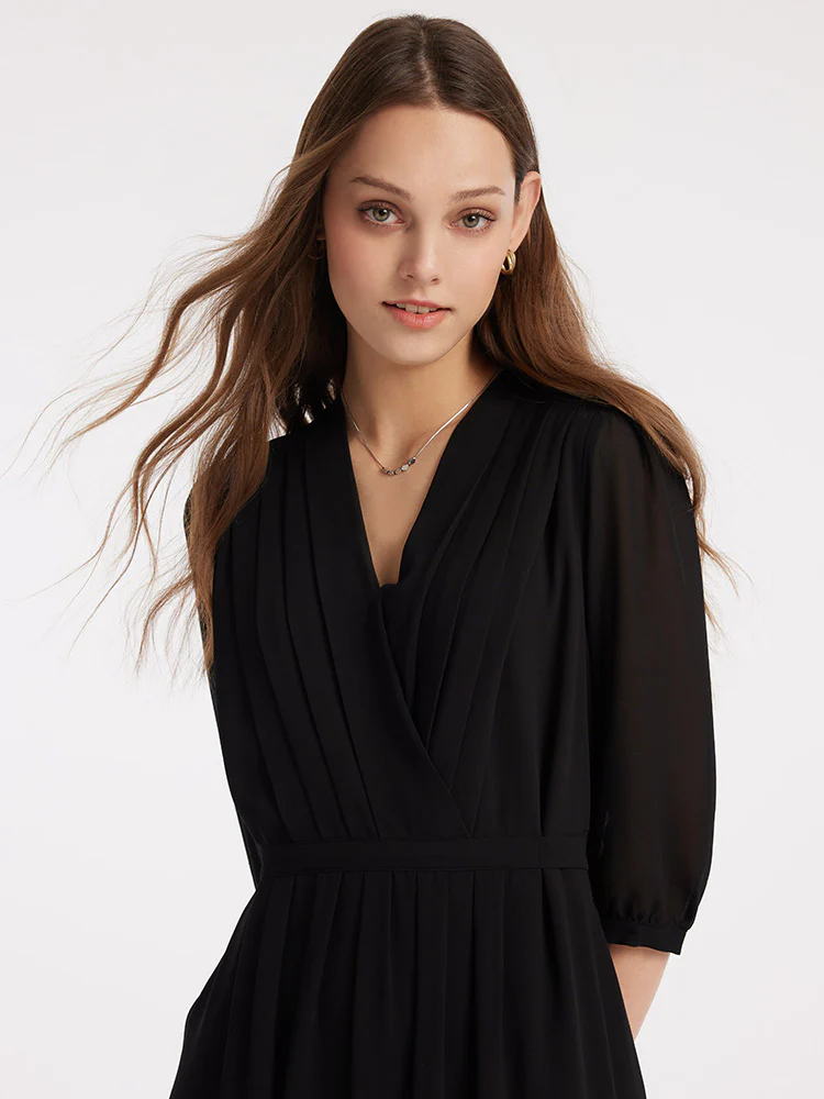 V-Neck Pleated Lace Up Wrap Midi Dress - Image 24