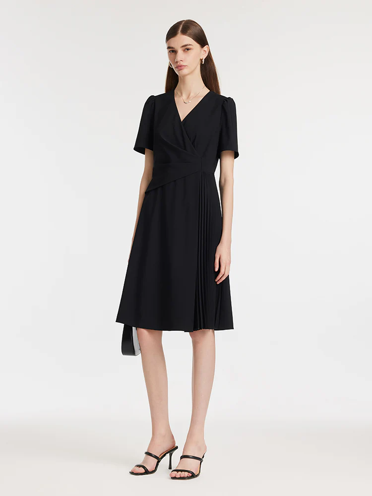 V-Neck Patchwork Pleated Women Mini Dress - Image 2